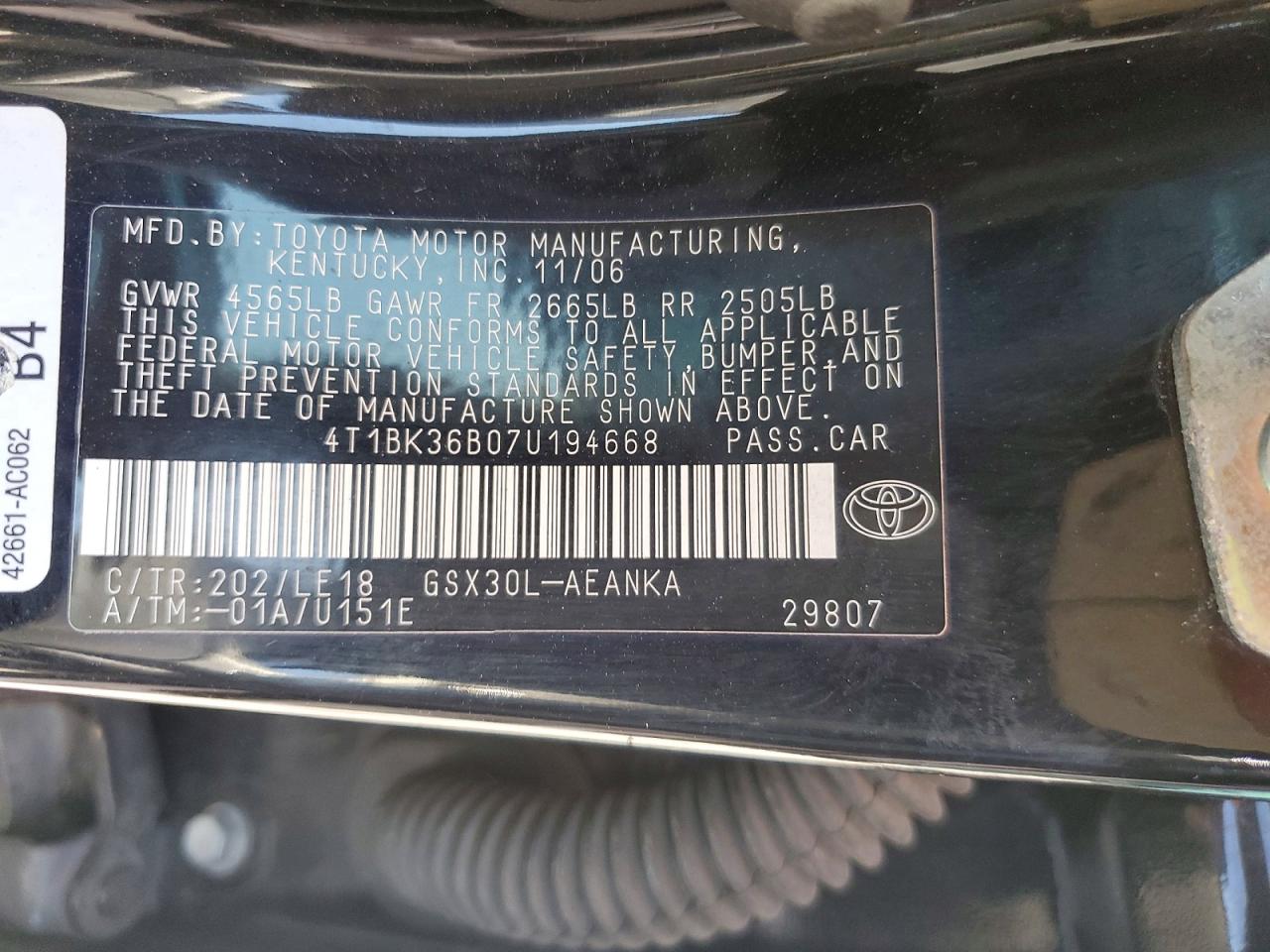 2007 Toyota Avalon Touring Black vin: 4T1BK36B07U194668