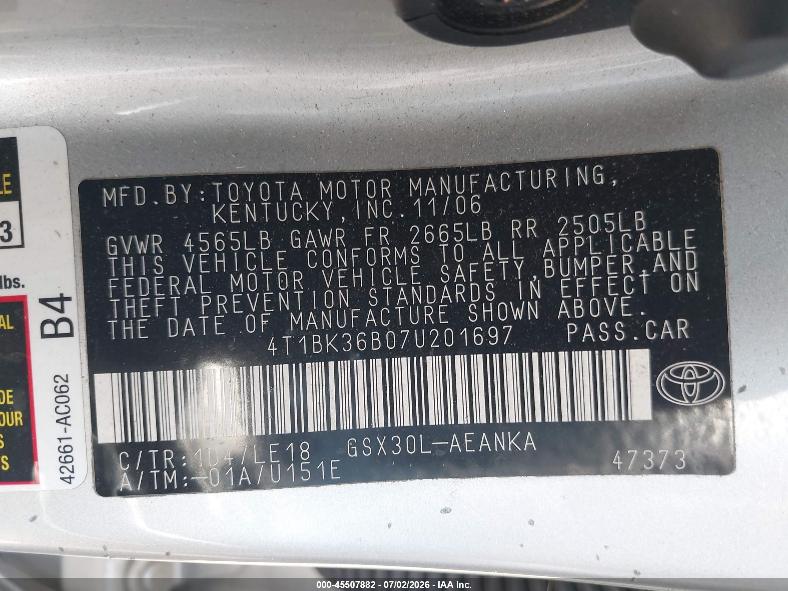 2007 Toyota Avalon Touring Silver vin: 4T1BK36B07U201697