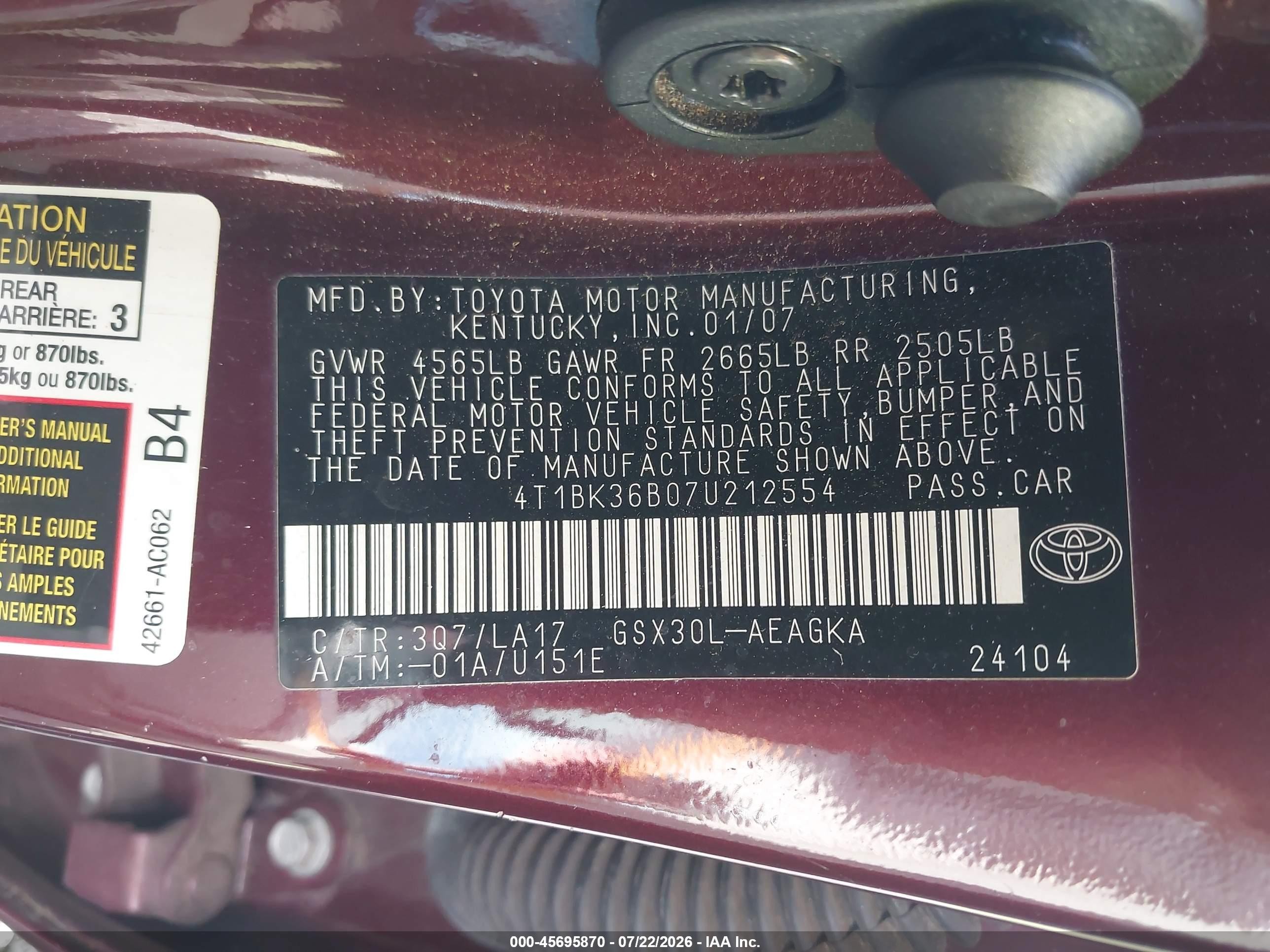 2007 Toyota Avalon Xls Burgundy vin: 4T1BK36B07U212554