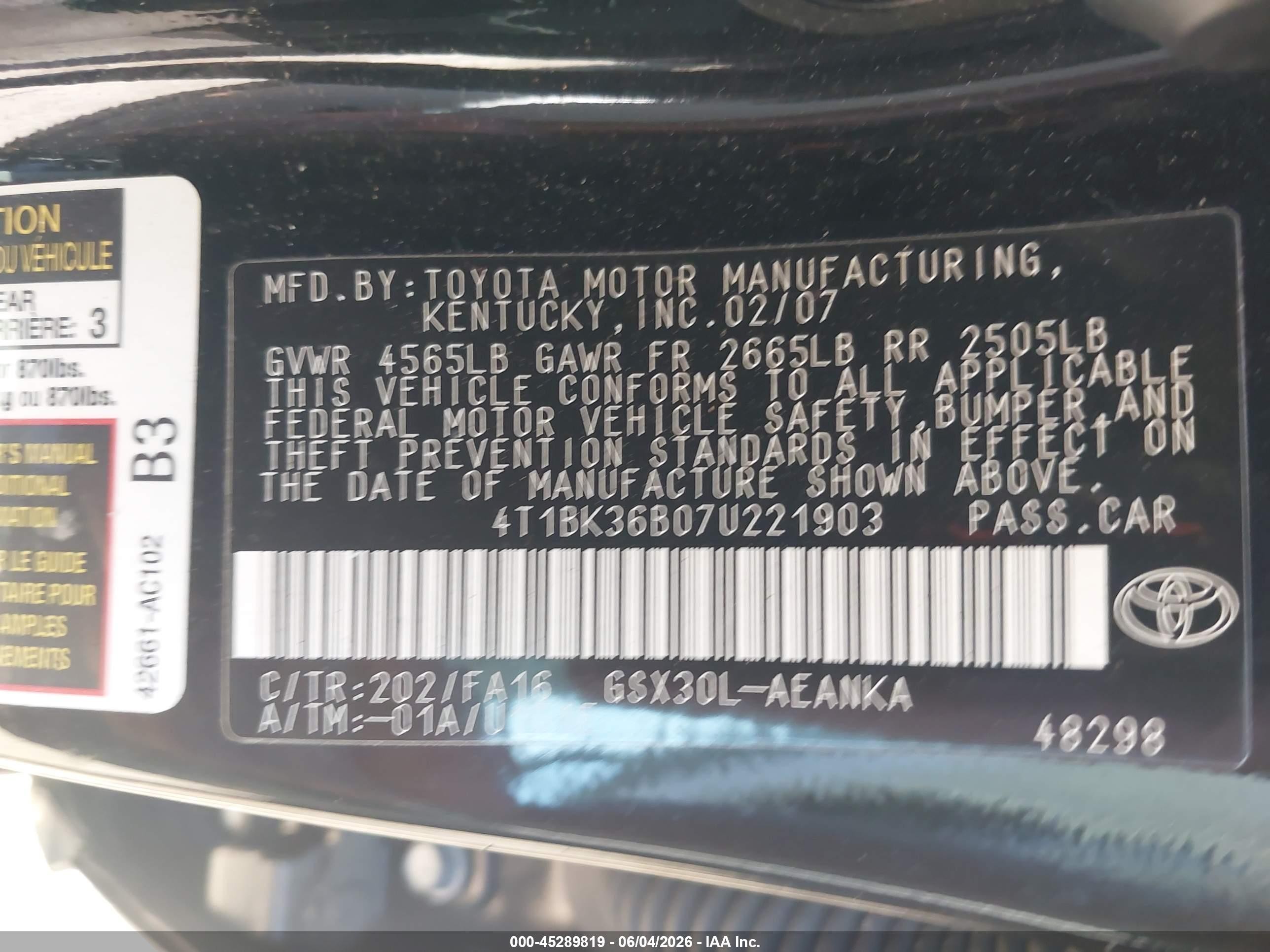 2007 Toyota Avalon Xl Black vin: 4T1BK36B07U221903