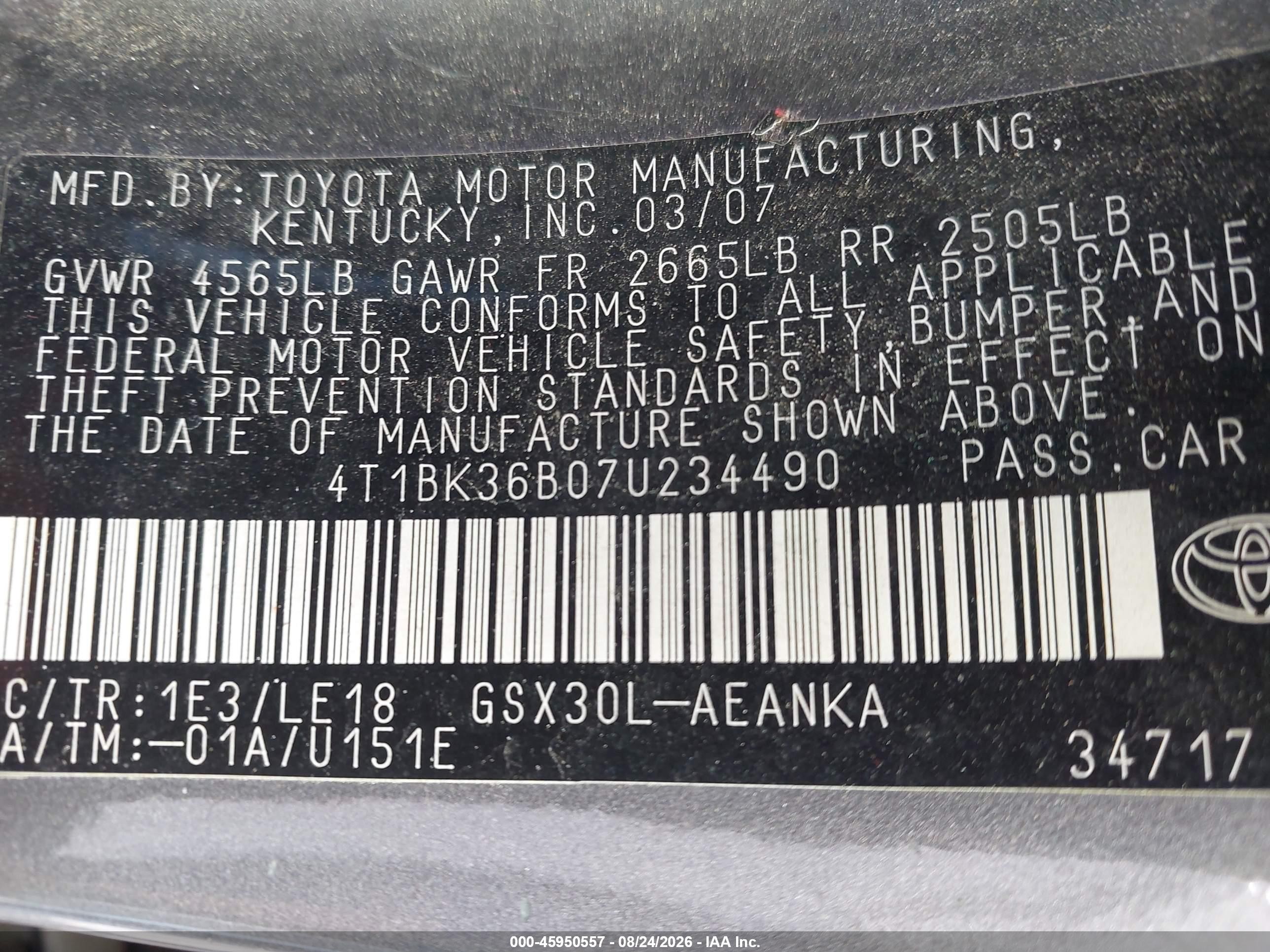 2007 Toyota Avalon Touring Gray vin: 4T1BK36B07U234490