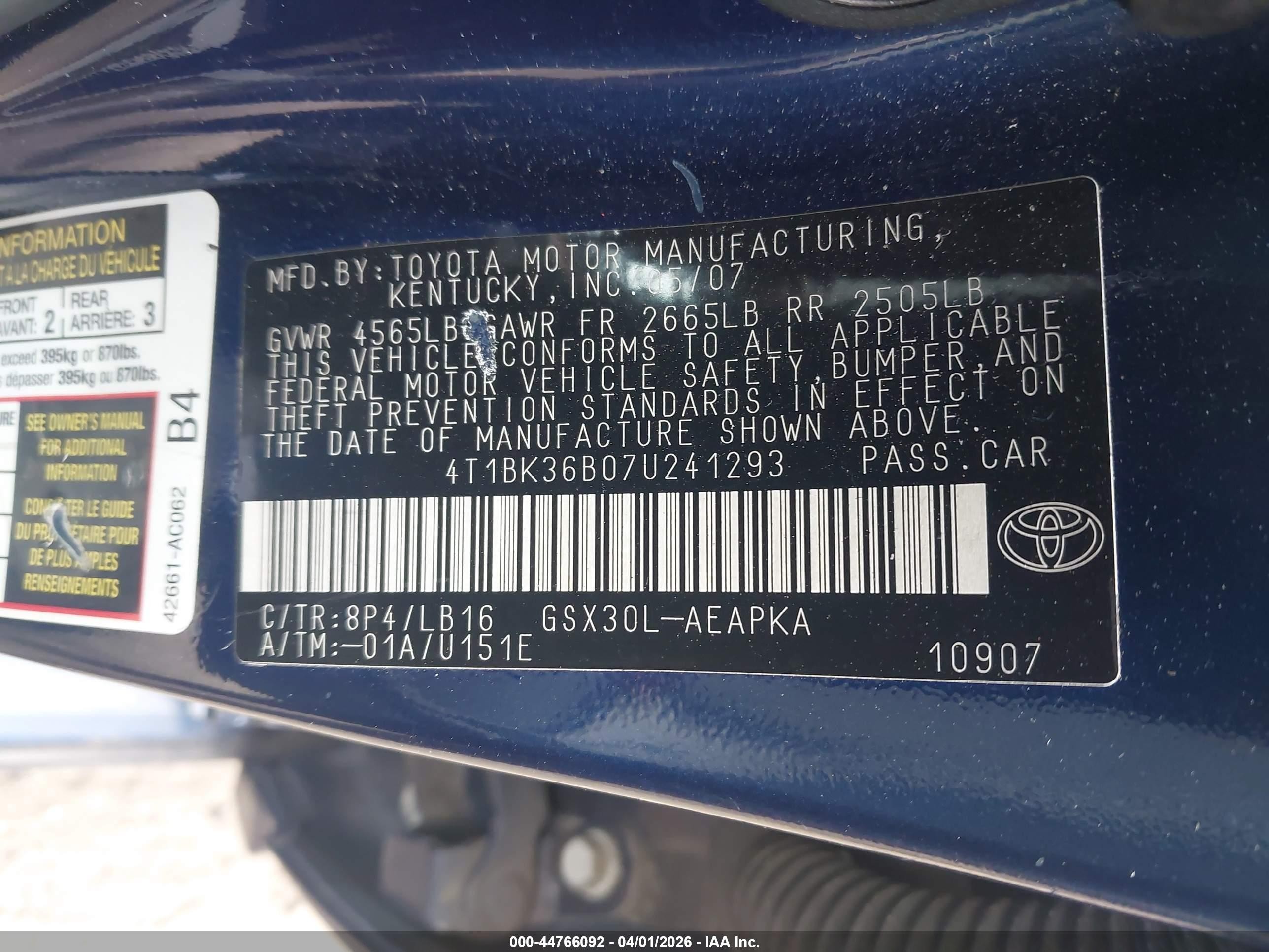 2007 Toyota Avalon Limited Blue vin: 4T1BK36B07U241293