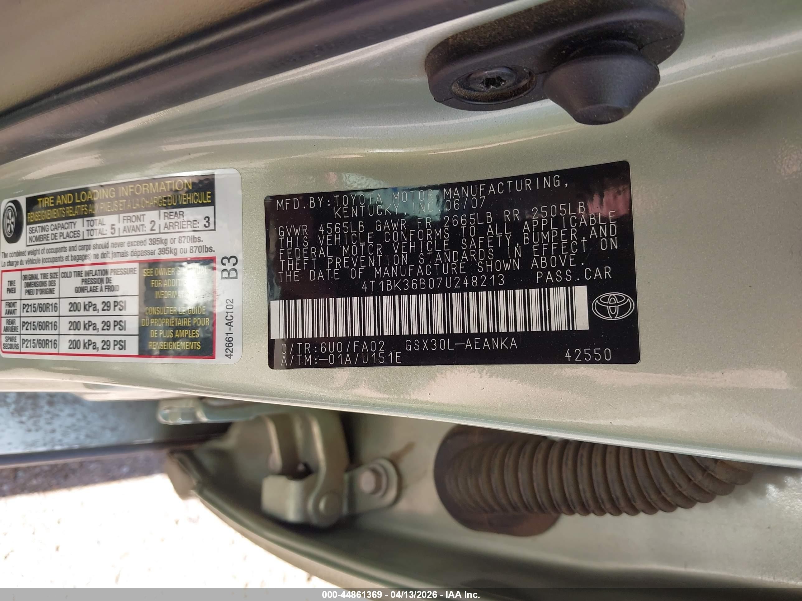 2007 Toyota Avalon Xl Зеленый vin: 4T1BK36B07U248213