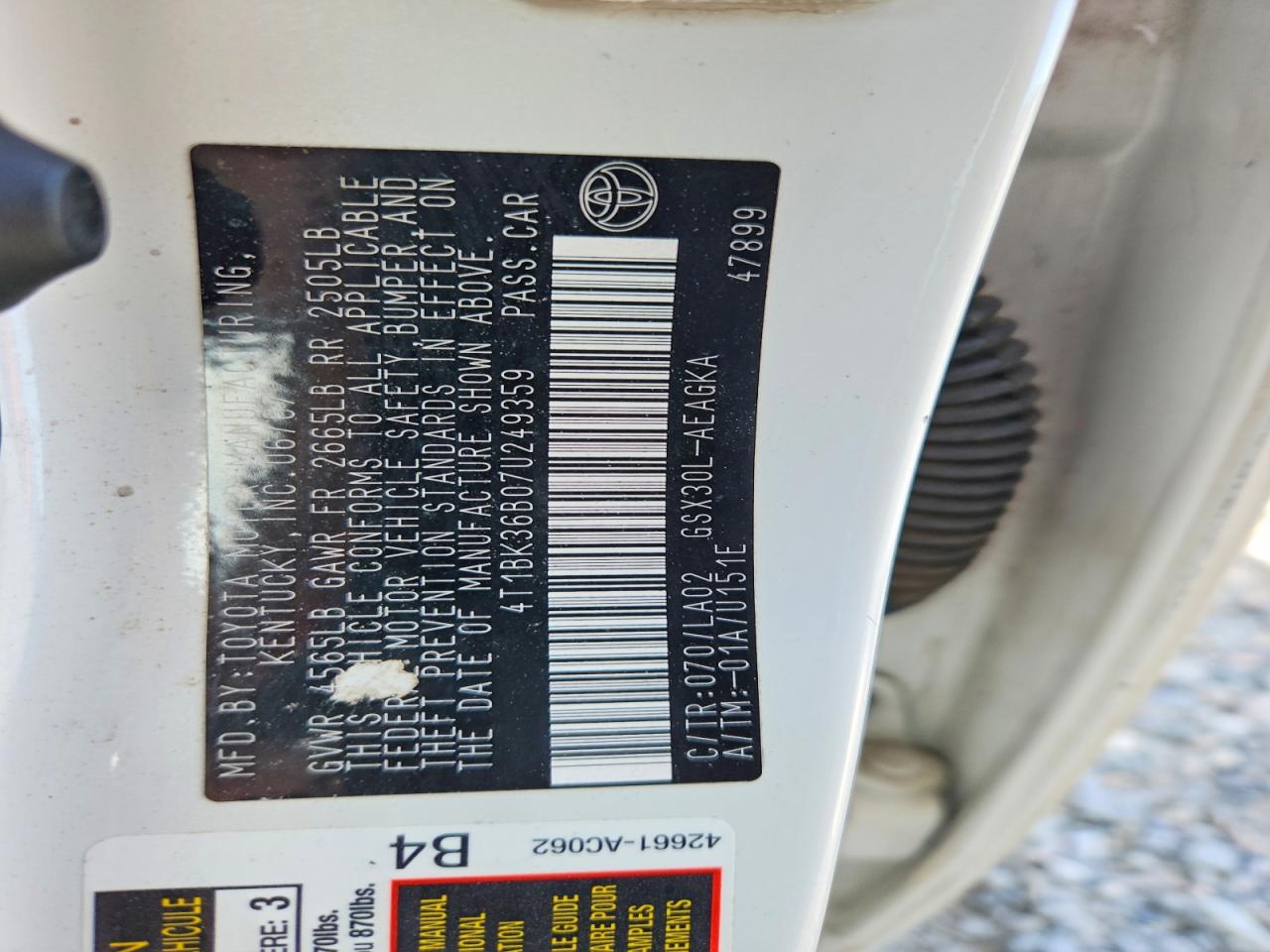 2007 Toyota Avalon Xls White vin: 4T1BK36B07U249359