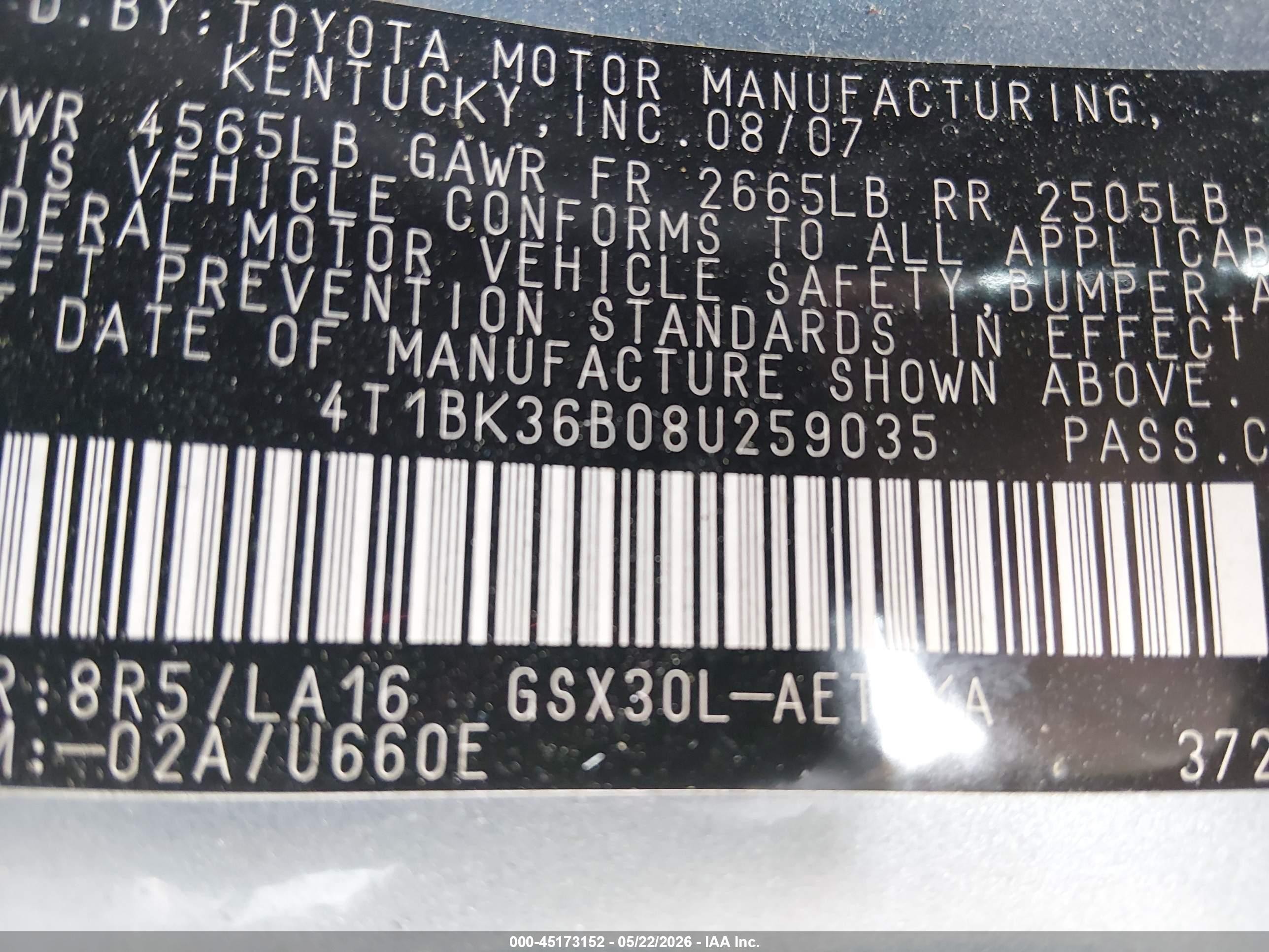 2008 Toyota Avalon Xls Blue vin: 4T1BK36B08U259035