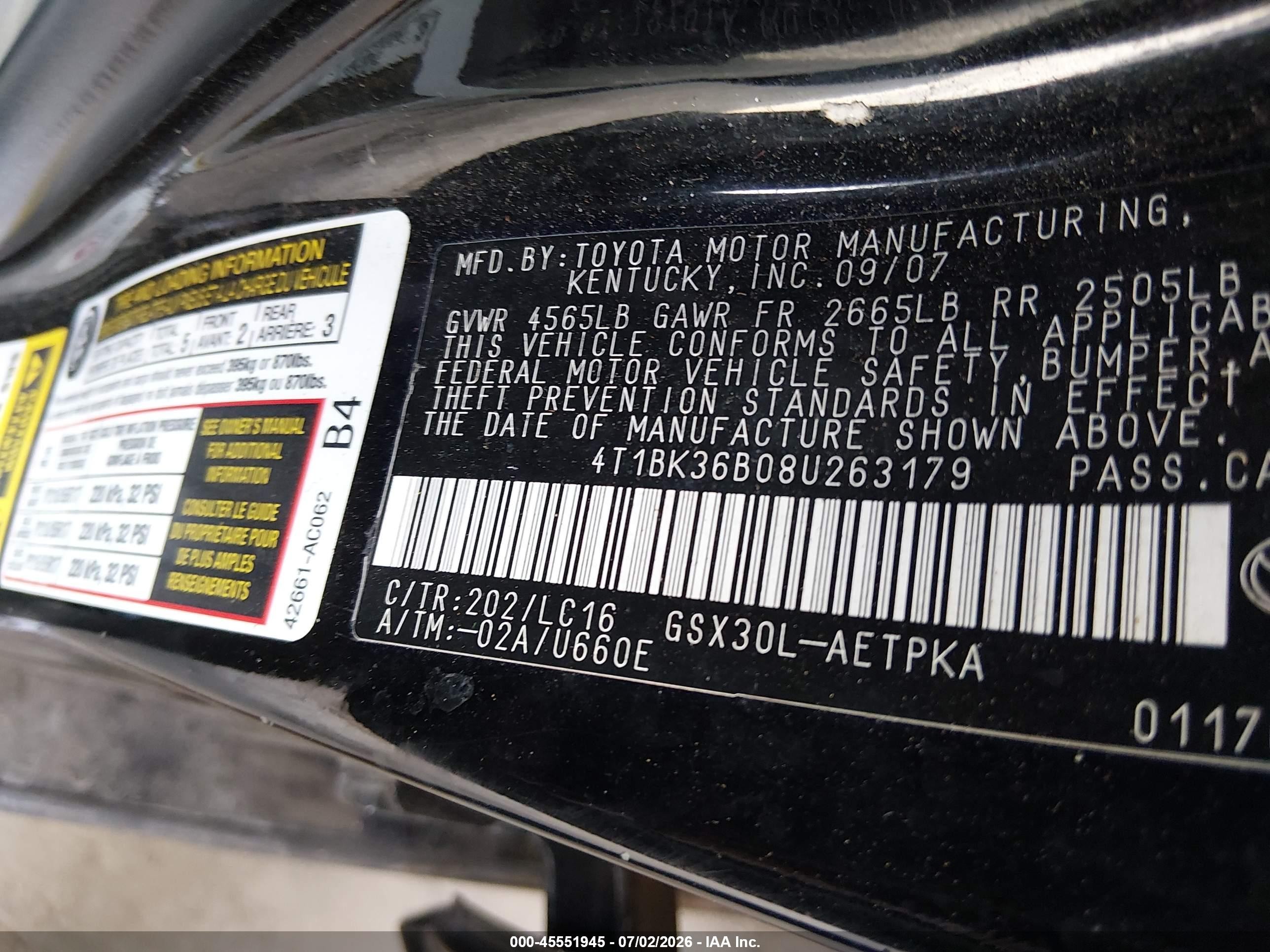 2008 Toyota Avalon Limited Black vin: 4T1BK36B08U263179