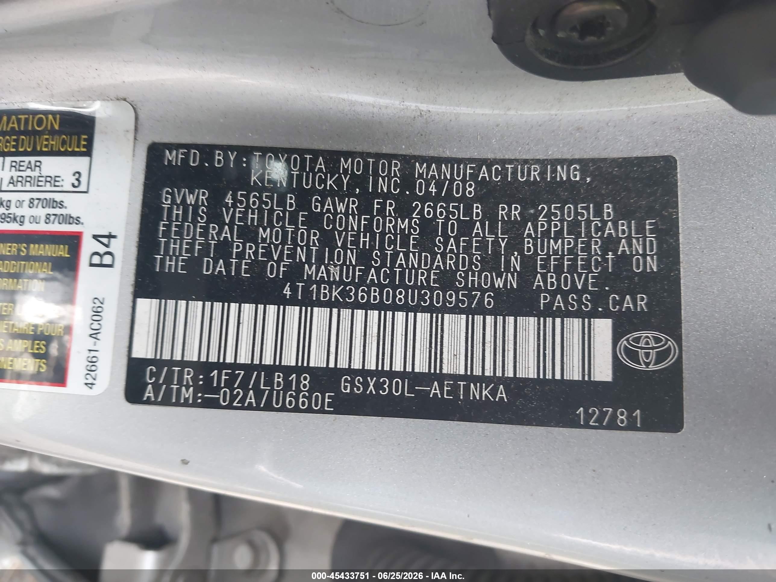 2008 Toyota Avalon Touring Silver vin: 4T1BK36B08U309576
