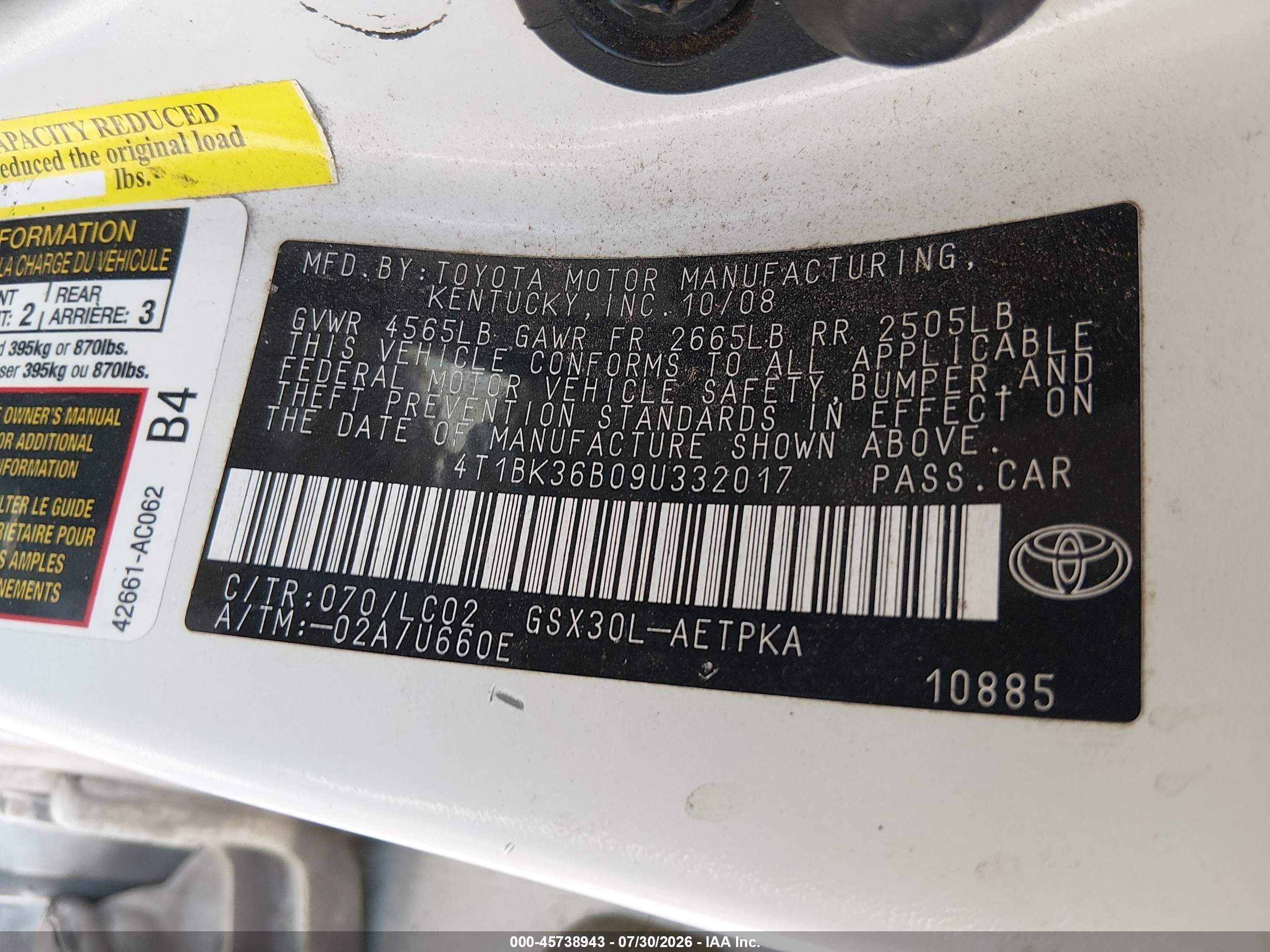 2009 Toyota Avalon Limited White vin: 4T1BK36B09U332017