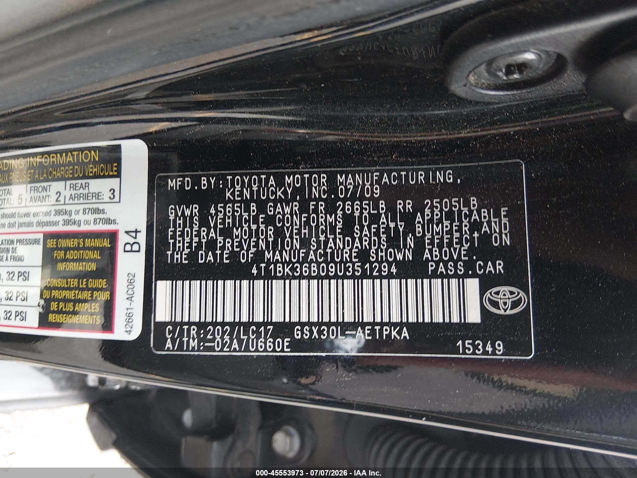2009 Toyota Avalon Limited Black vin: 4T1BK36B09U351294