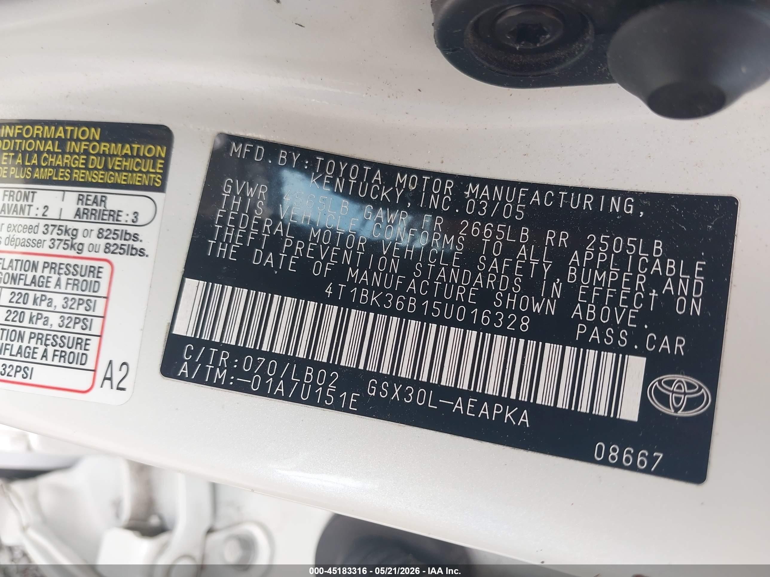 2005 Toyota Avalon Limited White vin: 4T1BK36B15U016328