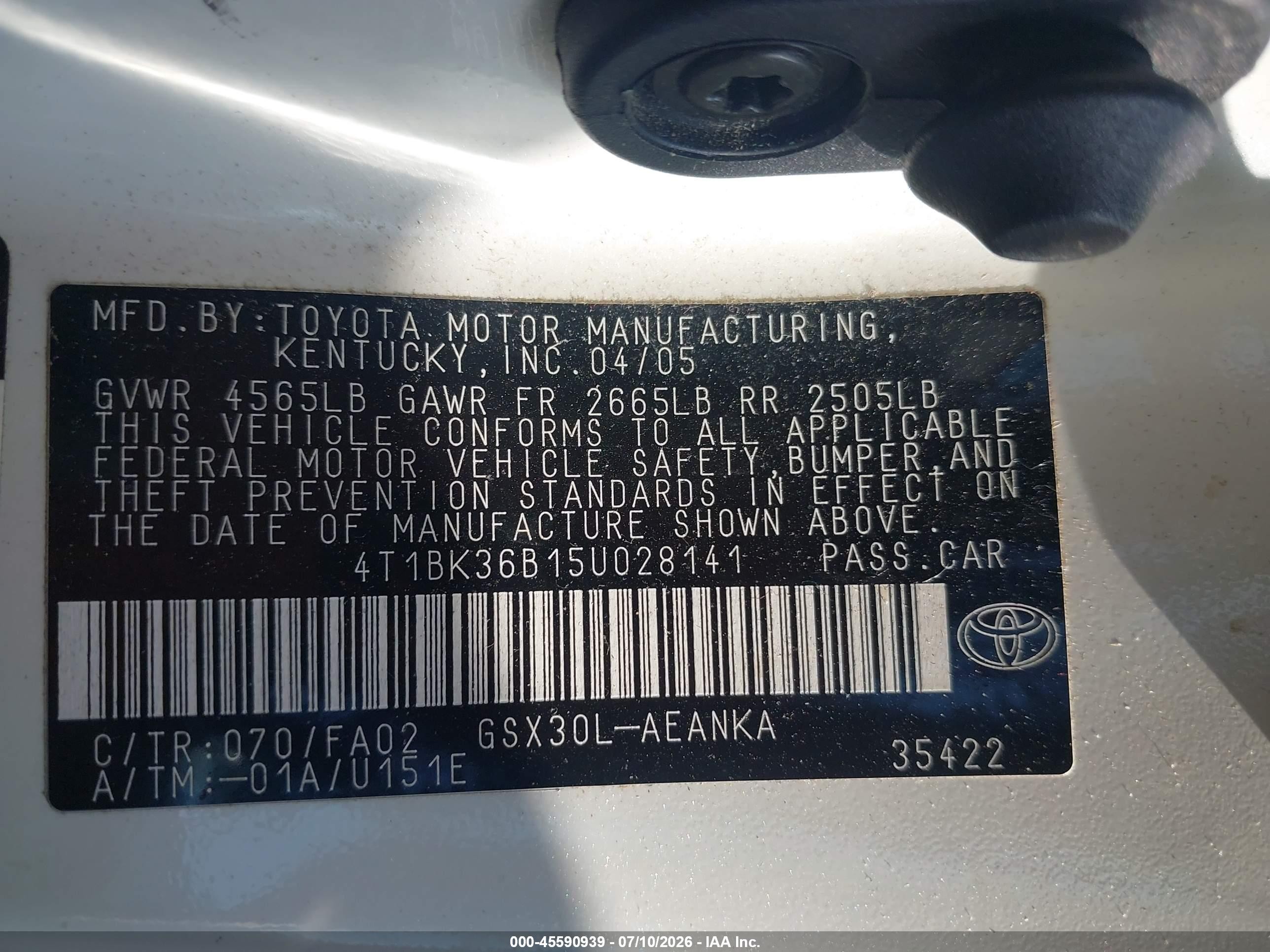 2005 Toyota Avalon Xl White vin: 4T1BK36B15U028141