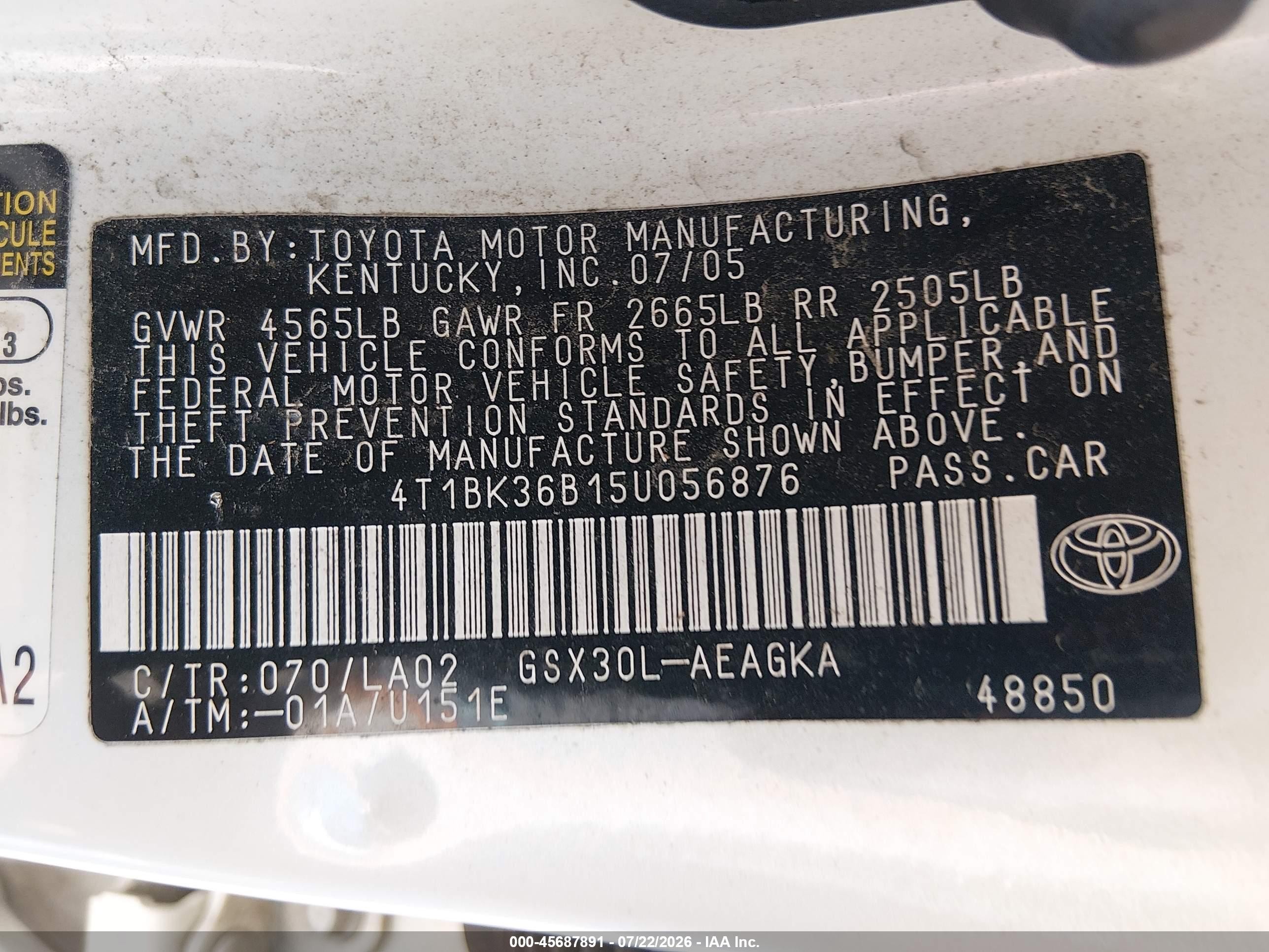 2005 Toyota Avalon Xls White vin: 4T1BK36B15U056876