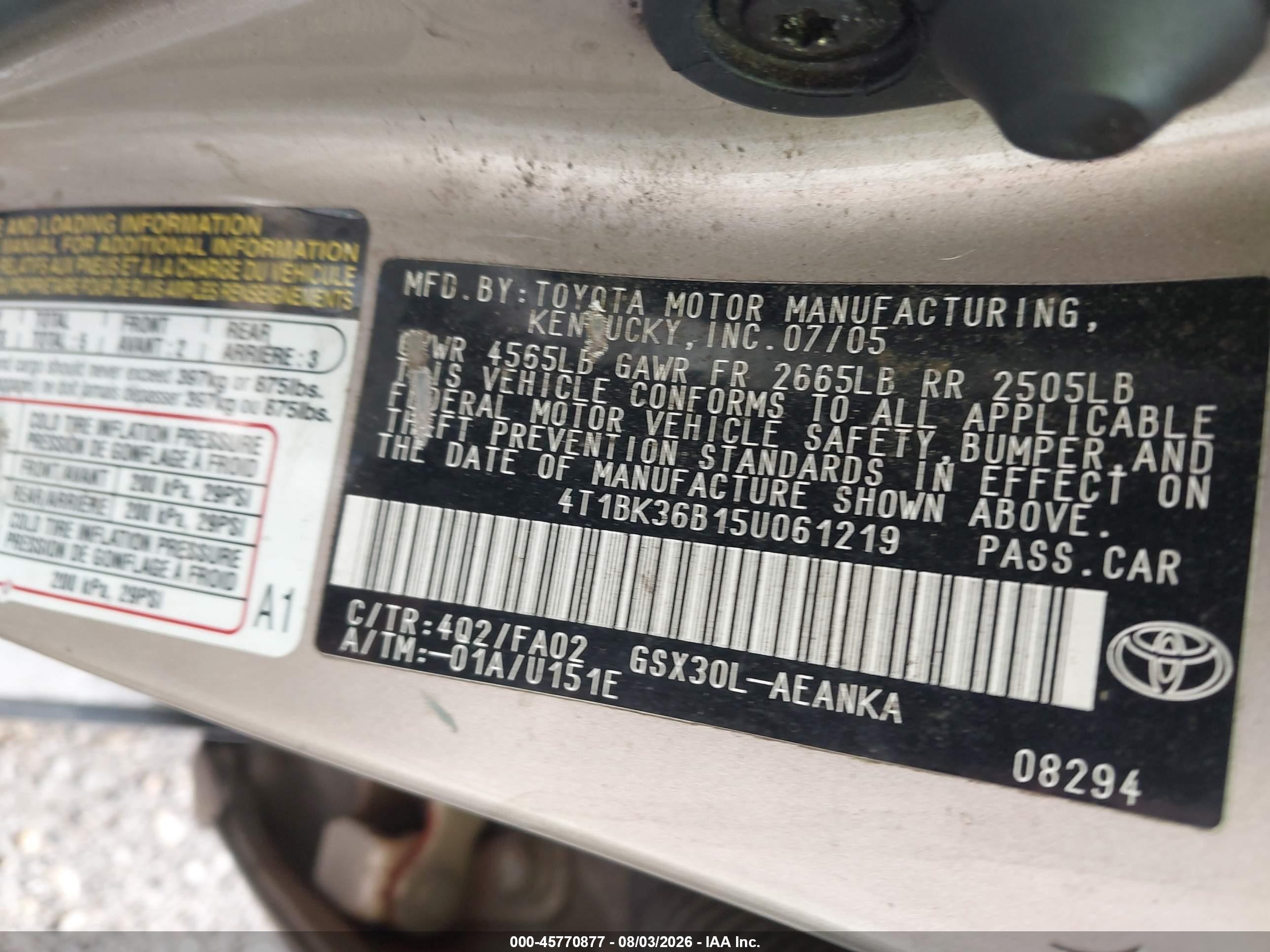 2005 Toyota Avalon Xl Champagne vin: 4T1BK36B15U061219