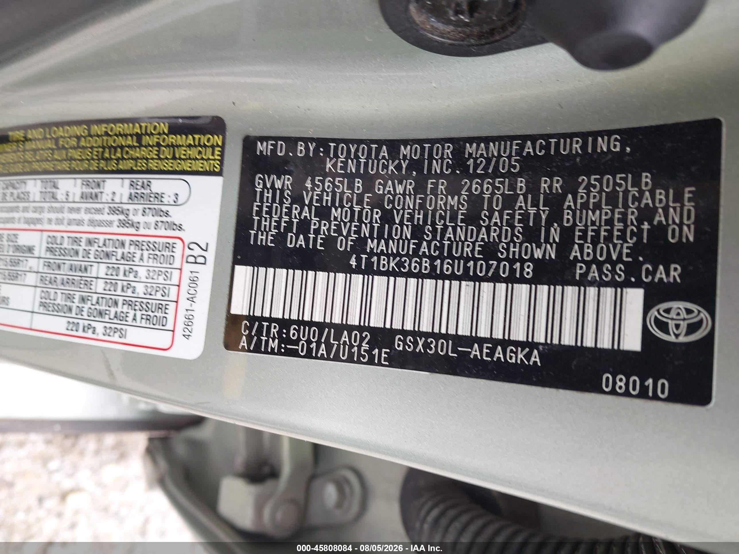 2006 Toyota Avalon Xls Green vin: 4T1BK36B16U107018