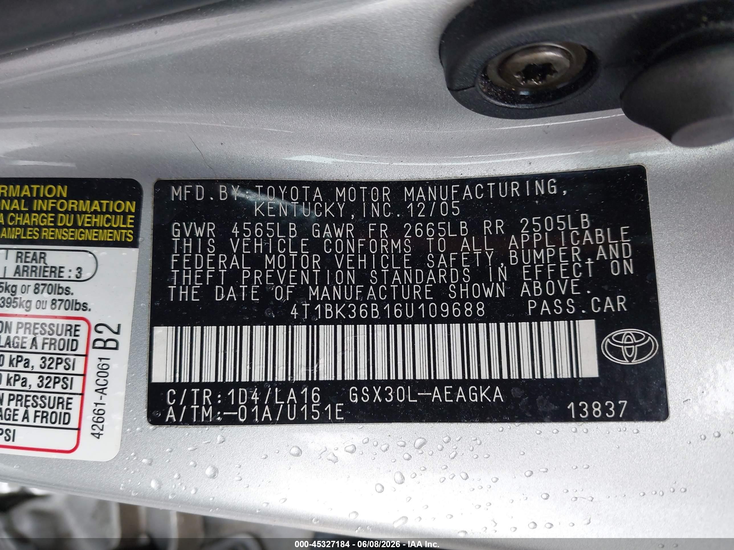 2006 Toyota Avalon Xls Silver vin: 4T1BK36B16U109688