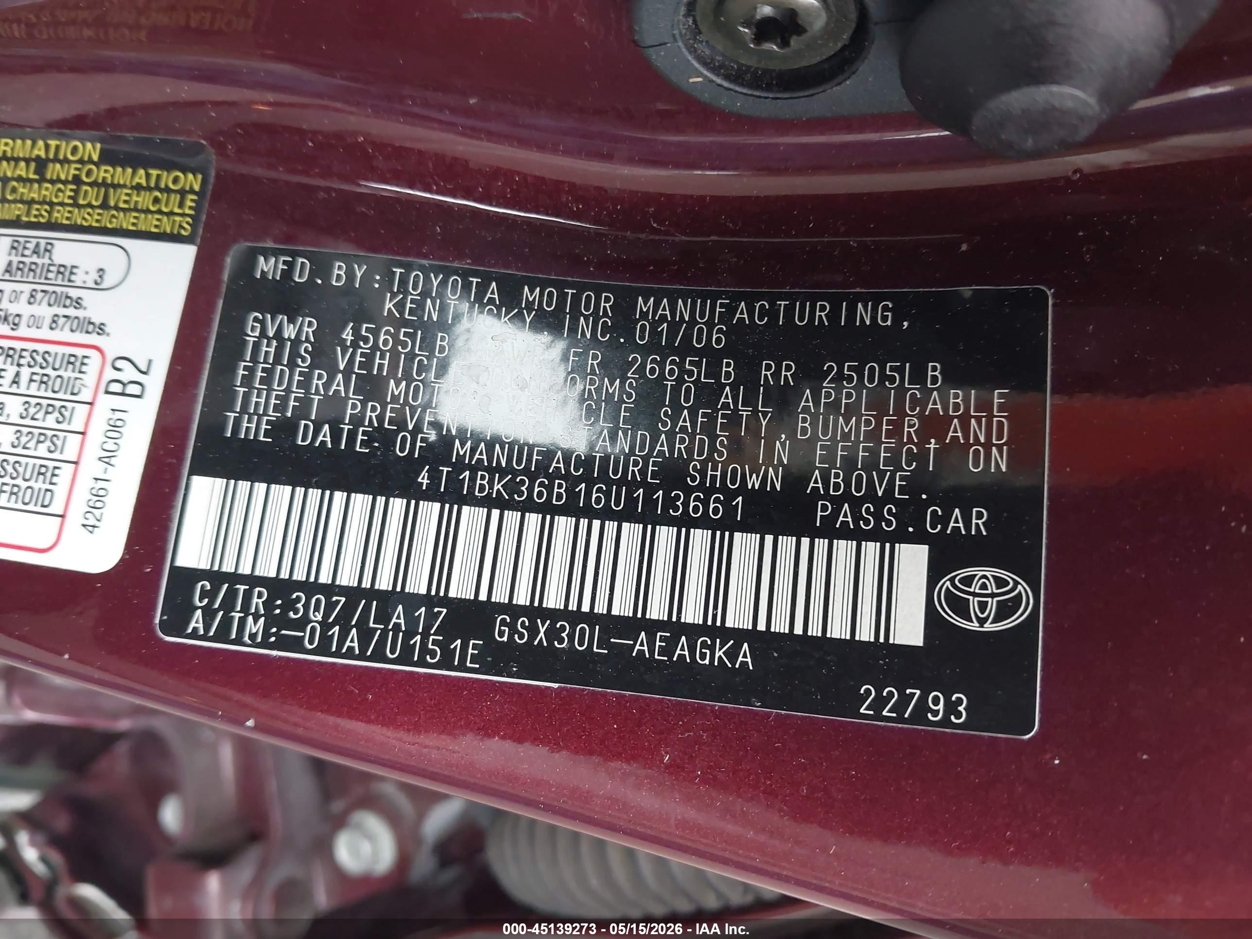 2006 Toyota Avalon Xls Maroon vin: 4T1BK36B16U113661