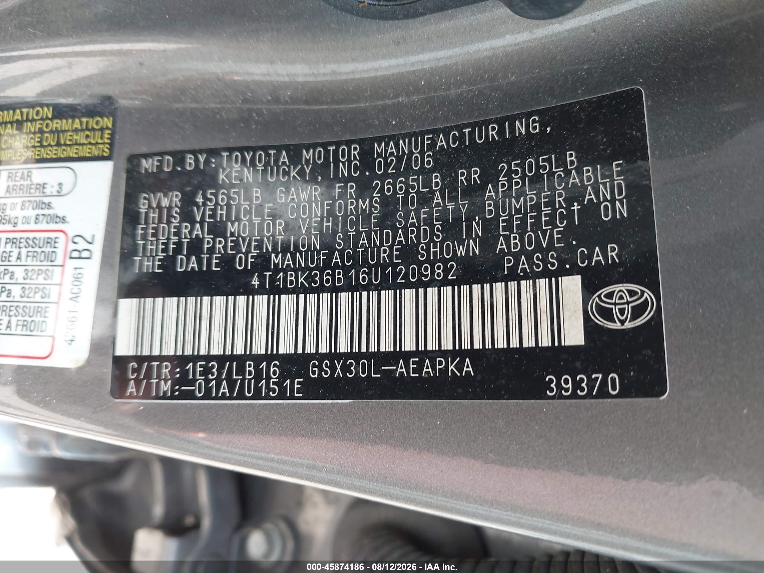 2006 Toyota Avalon Limited Gray vin: 4T1BK36B16U120982