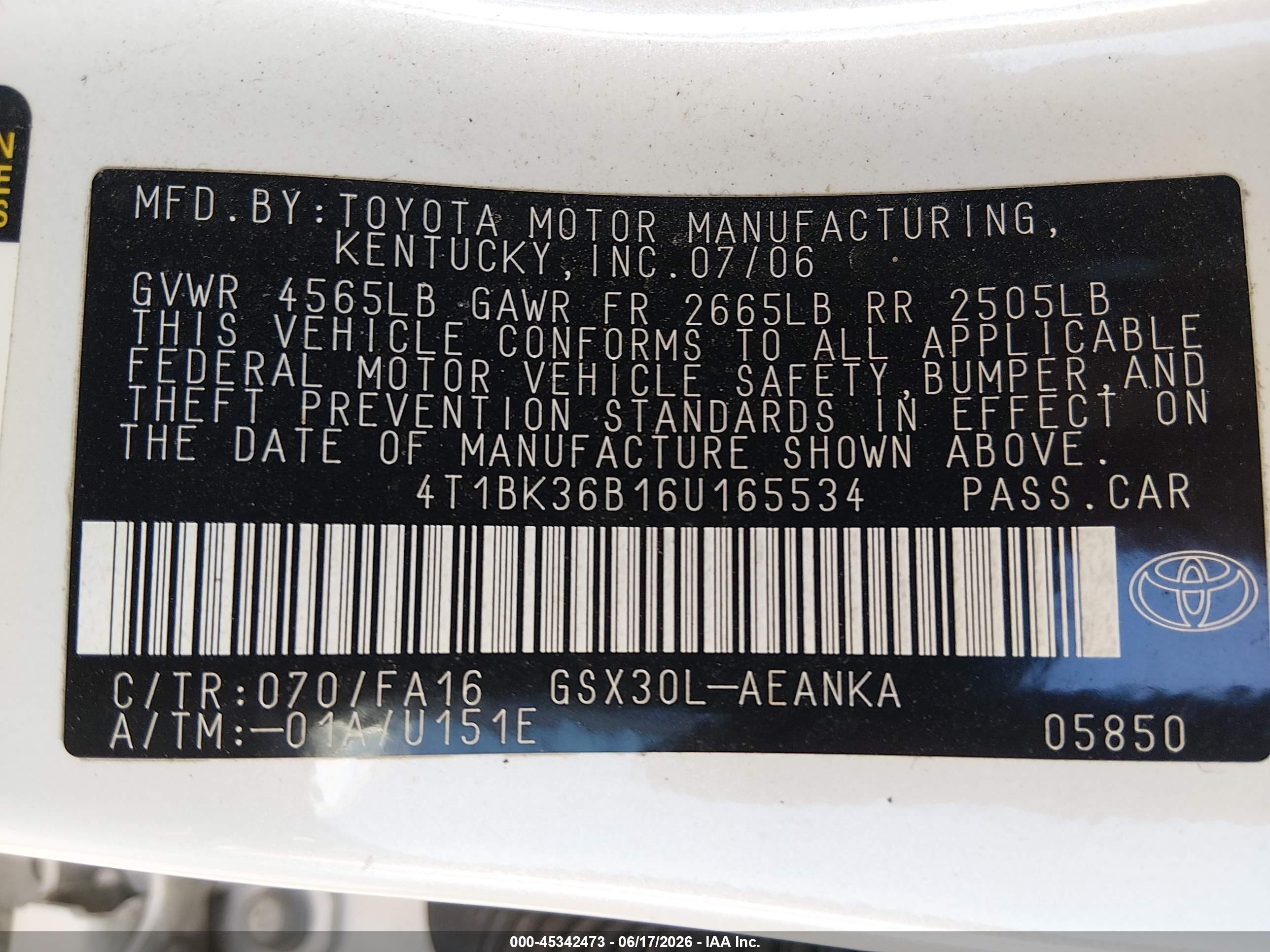 2006 Toyota Avalon Xl White vin: 4T1BK36B16U165534