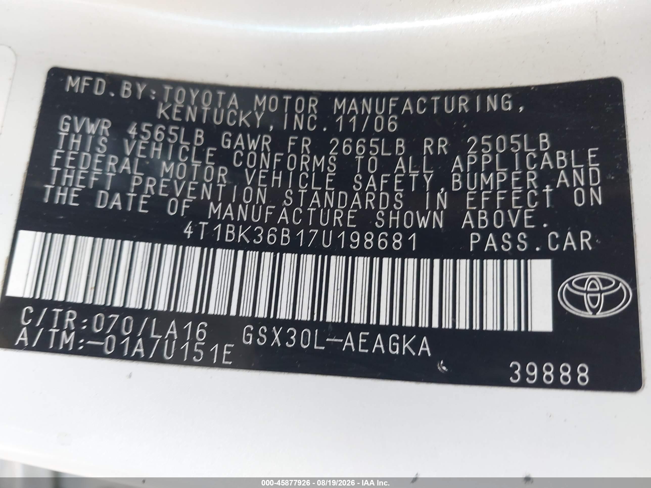 2007 Toyota Avalon Xls White vin: 4T1BK36B17U198681