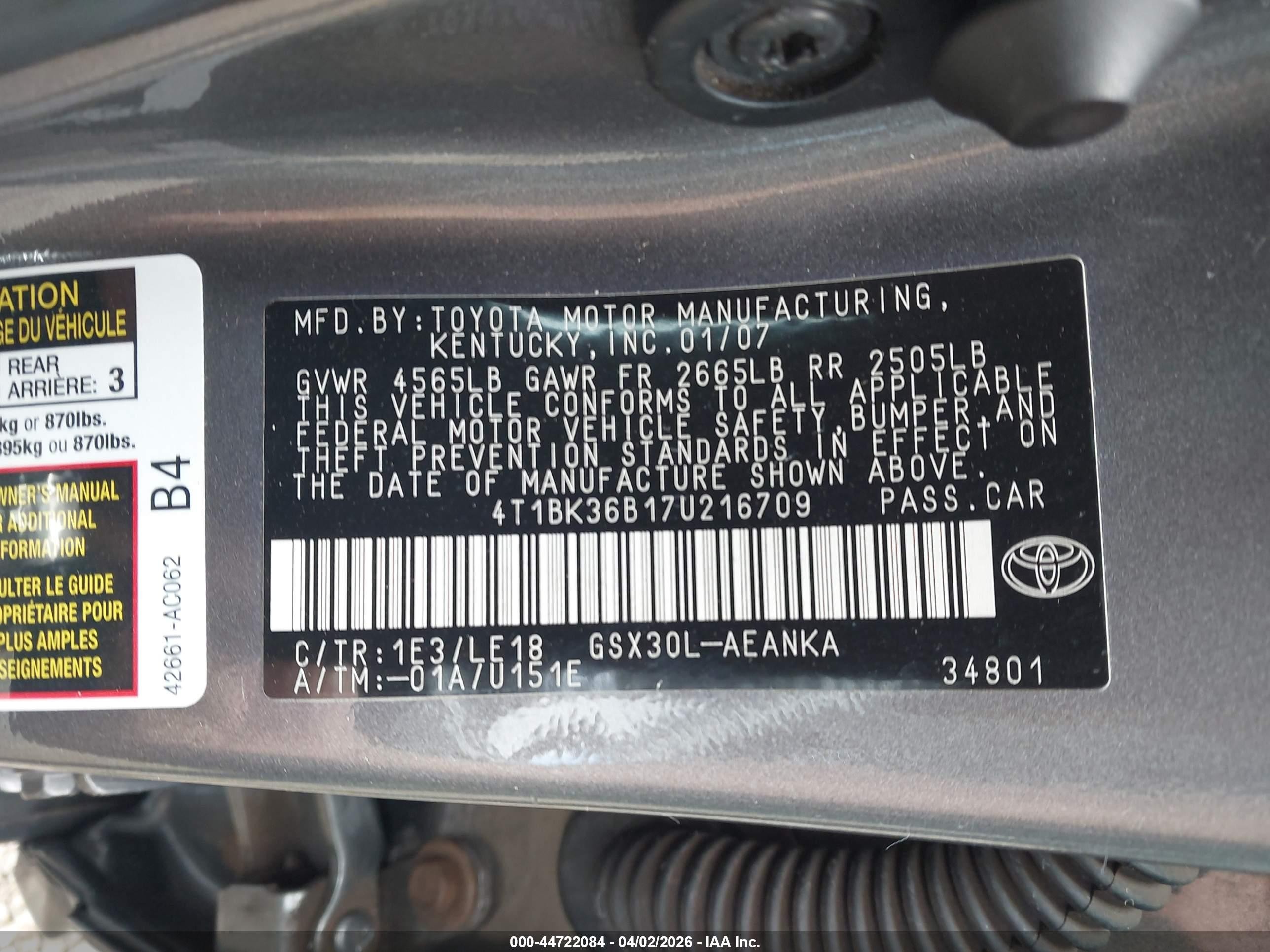 2007 Toyota Avalon Xl Gray vin: 4T1BK36B17U216709