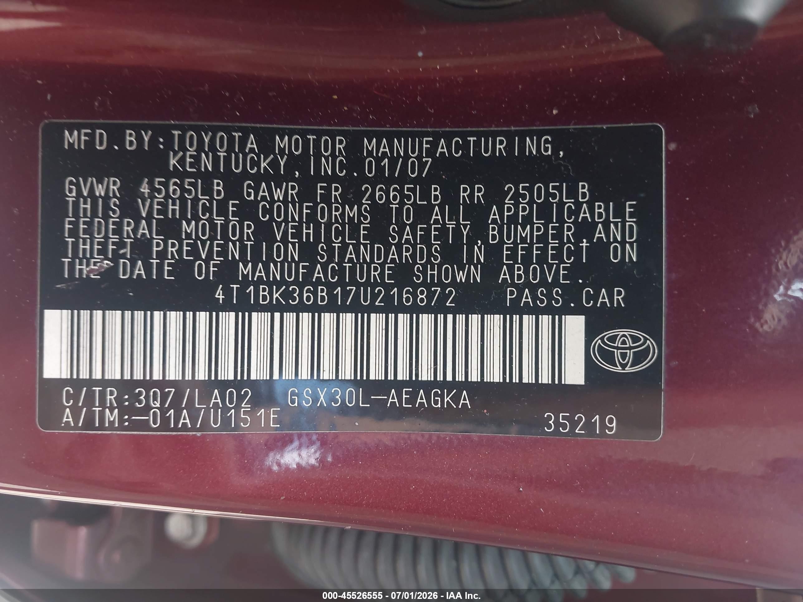 2007 Toyota Avalon Xls Red vin: 4T1BK36B17U216872