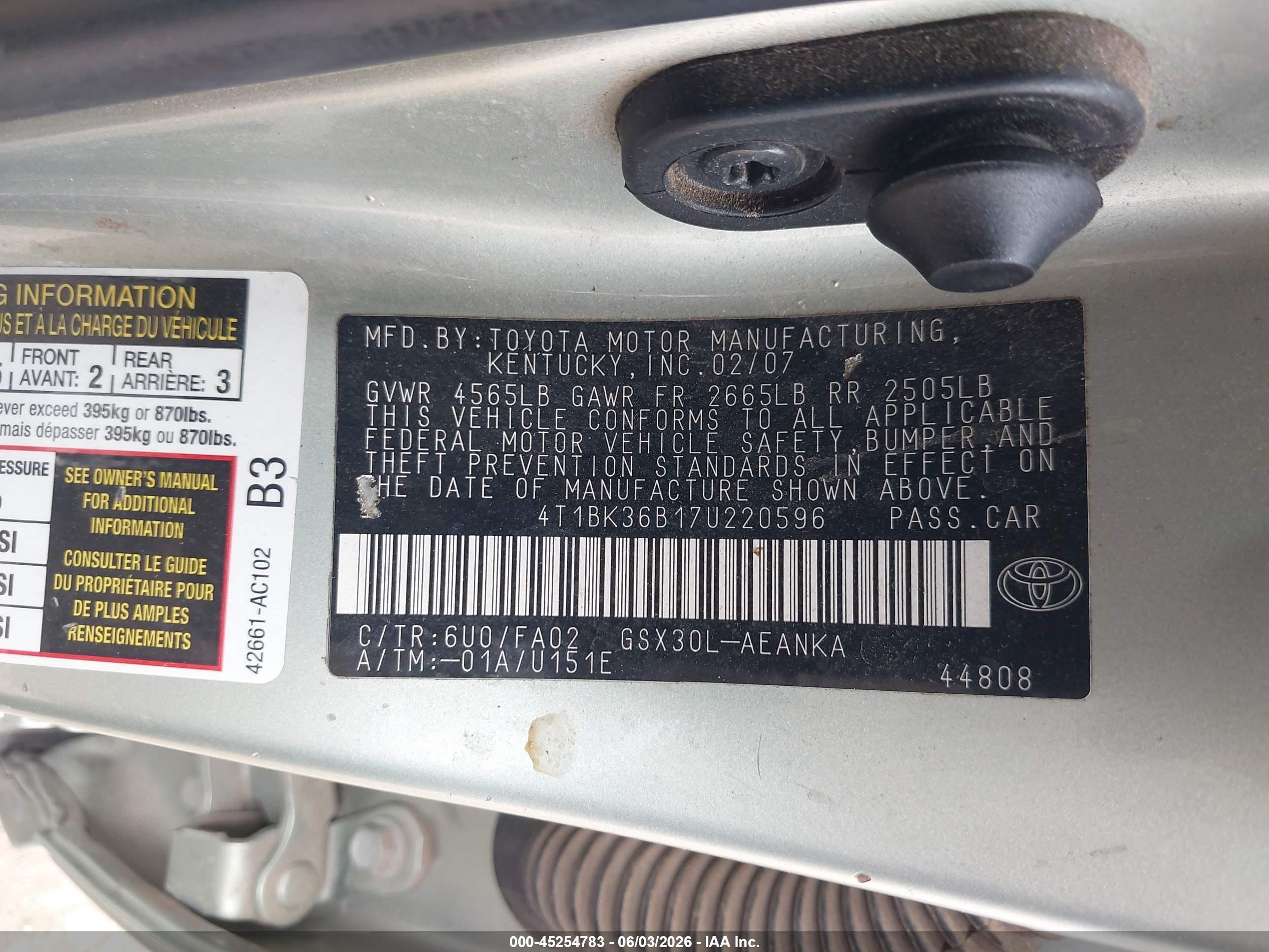 2007 Toyota Avalon Xl Green vin: 4T1BK36B17U220596