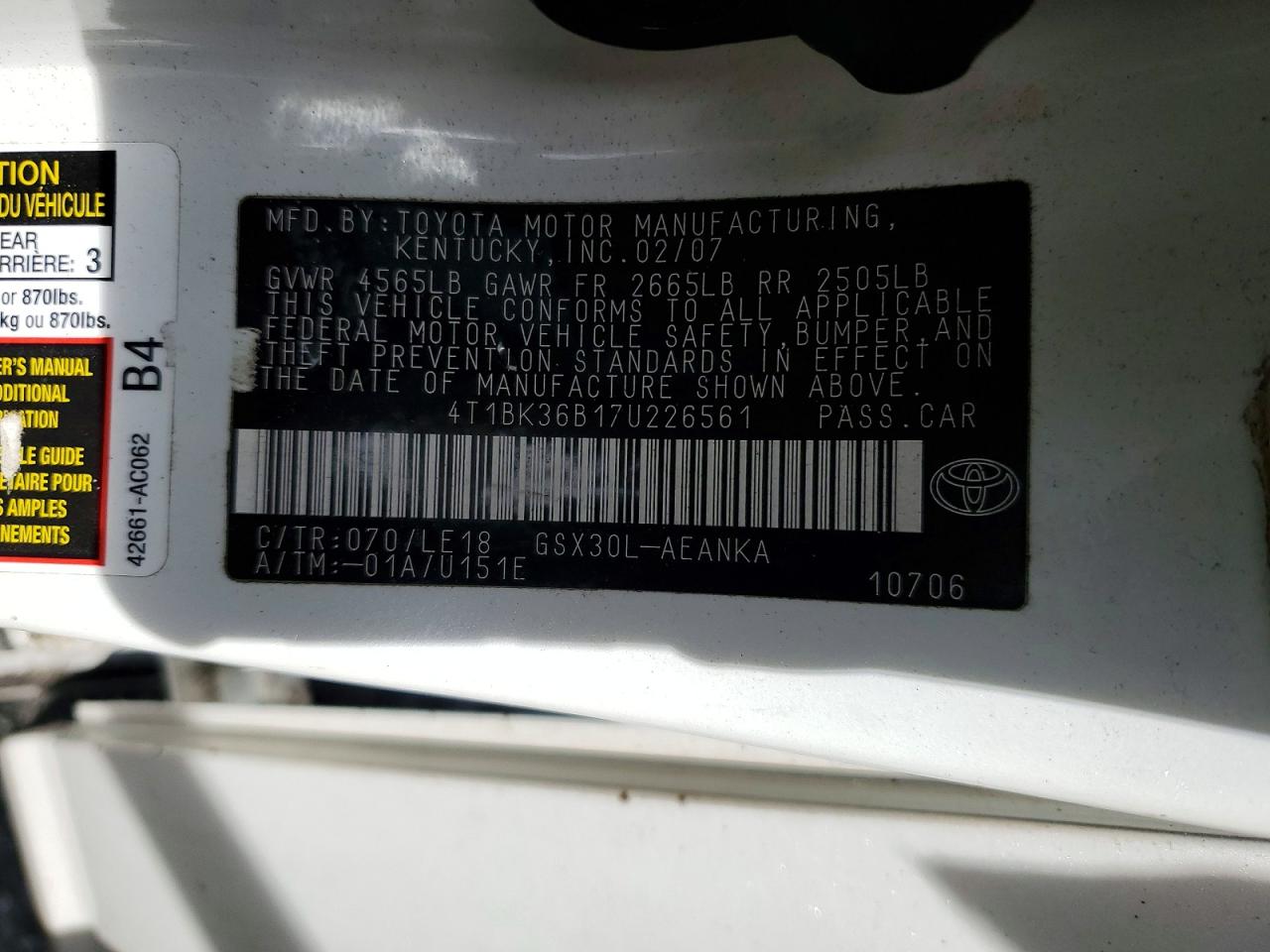 2007 Toyota Avalon White vin: 4T1BK36B17U226561