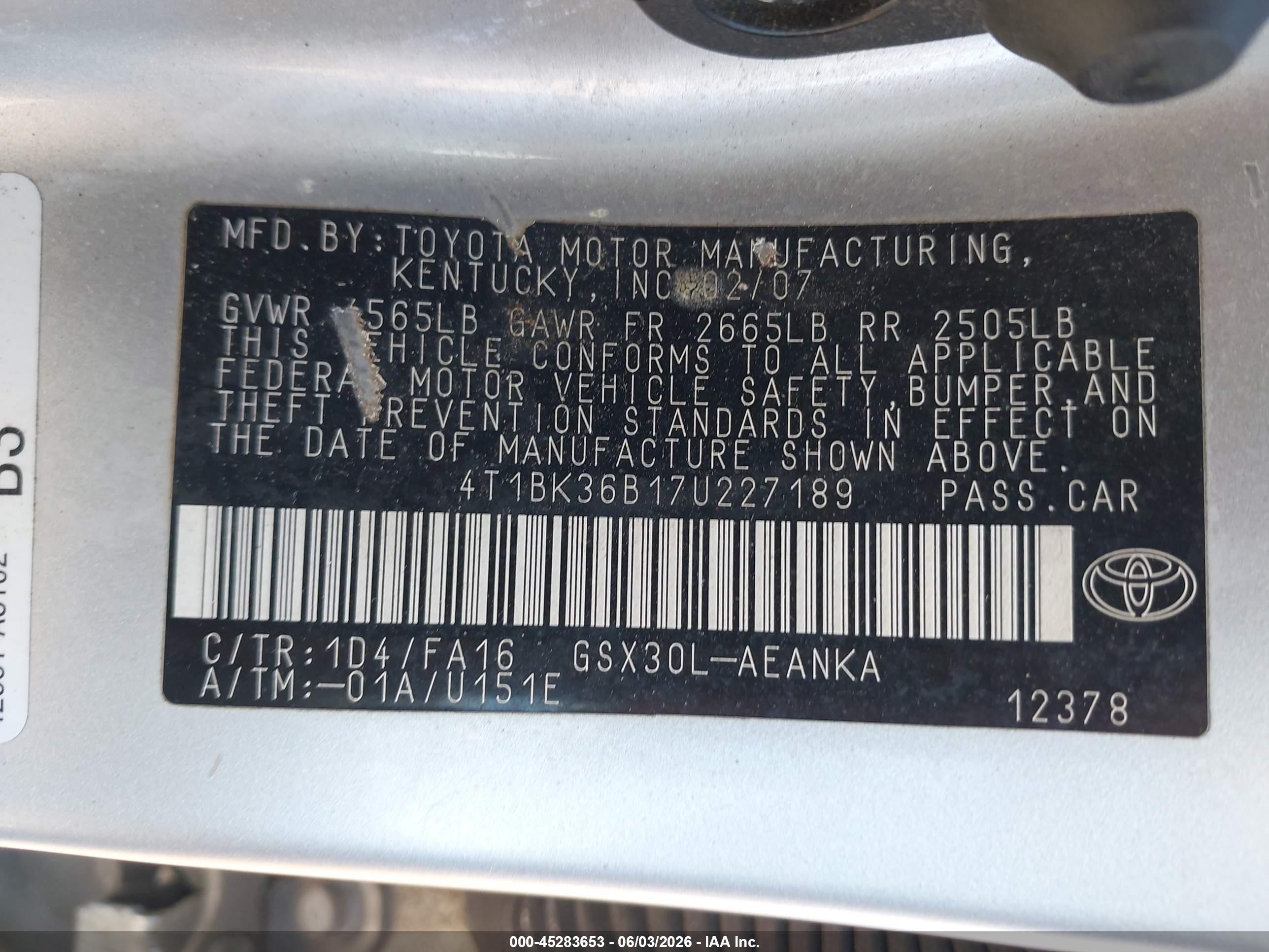 2007 Toyota Avalon Xl Silver vin: 4T1BK36B17U227189