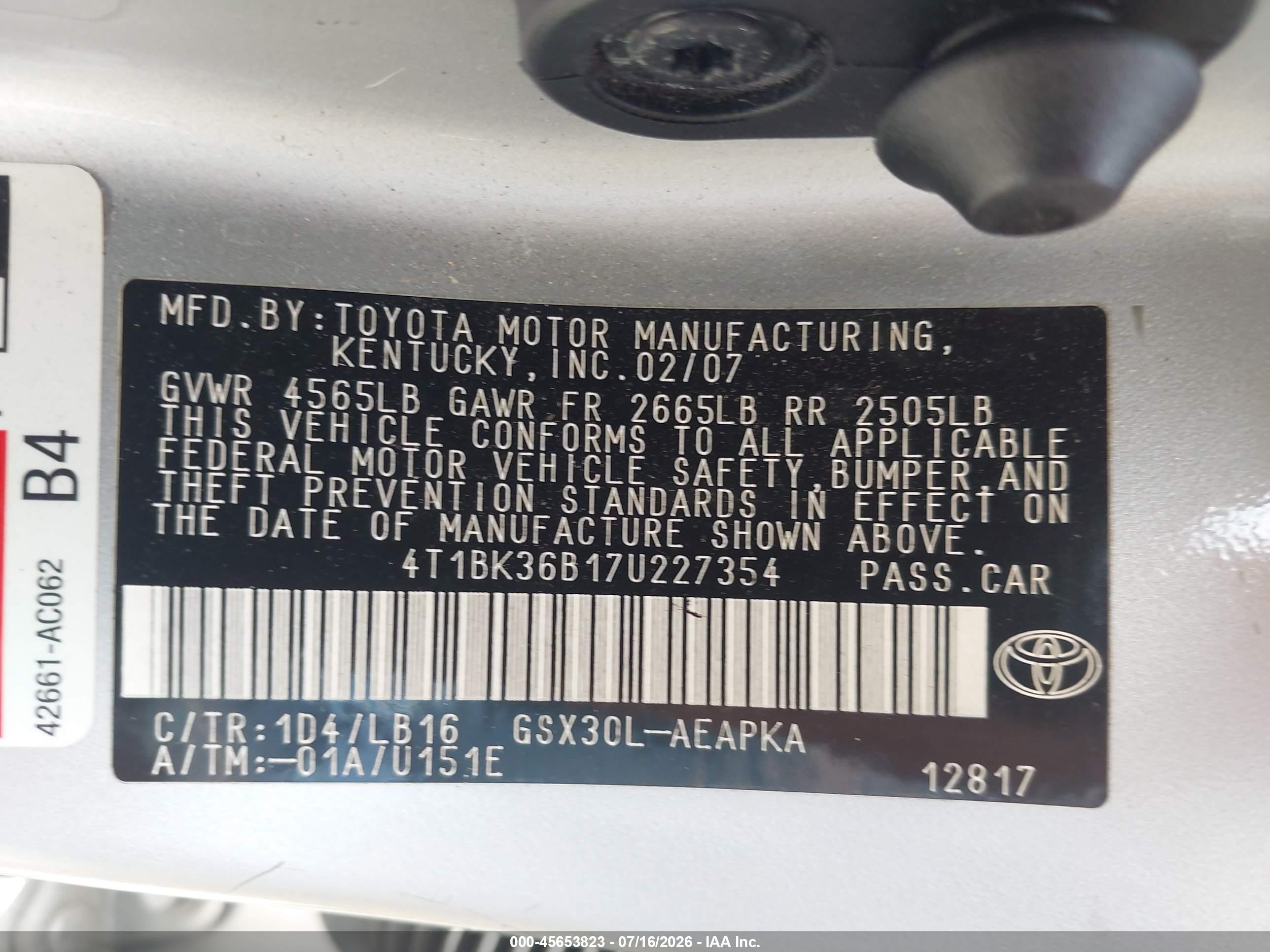 2007 Toyota Avalon Limited Silver vin: 4T1BK36B17U227354