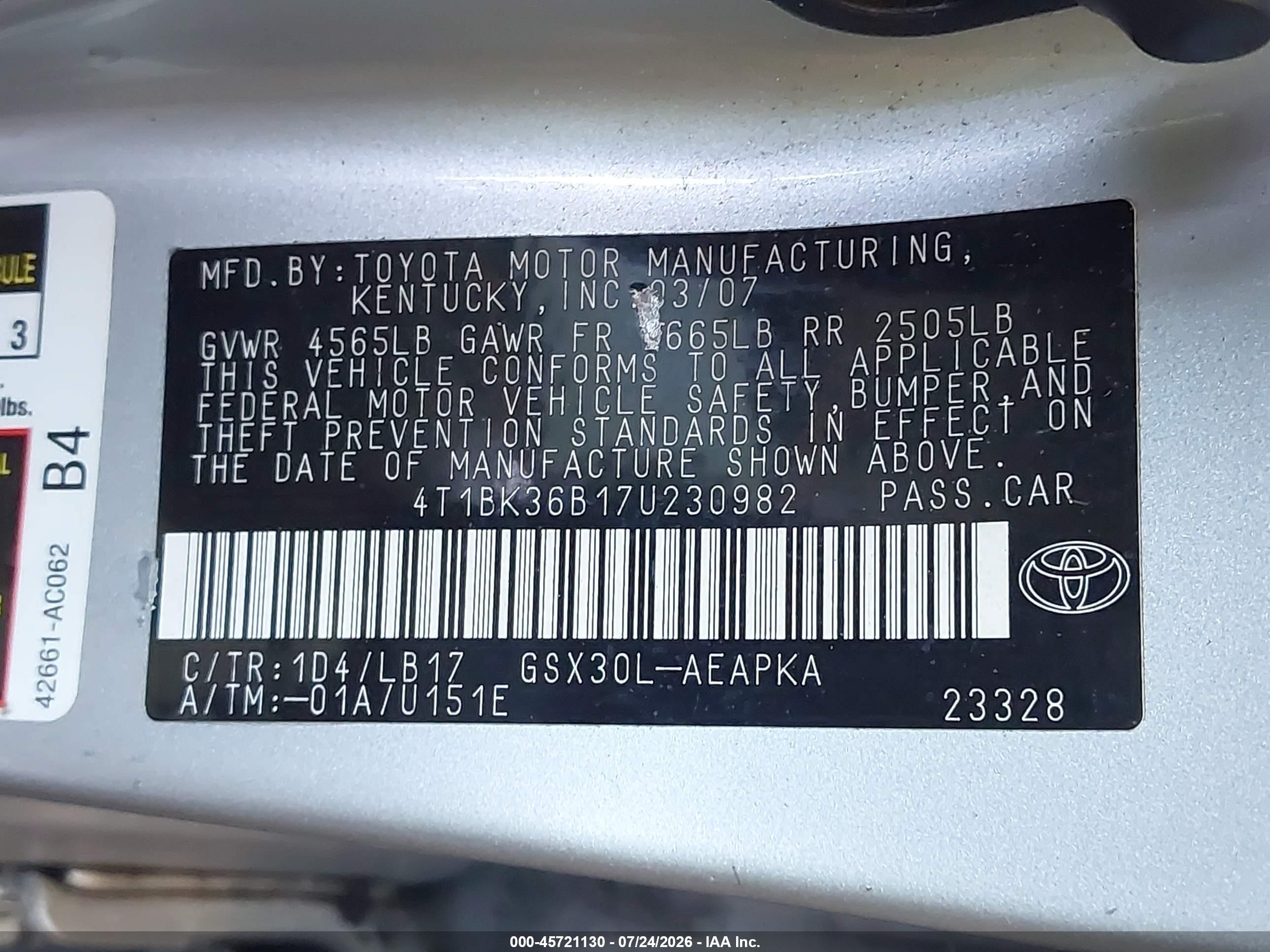 2007 Toyota Avalon Limited Silver vin: 4T1BK36B17U230982