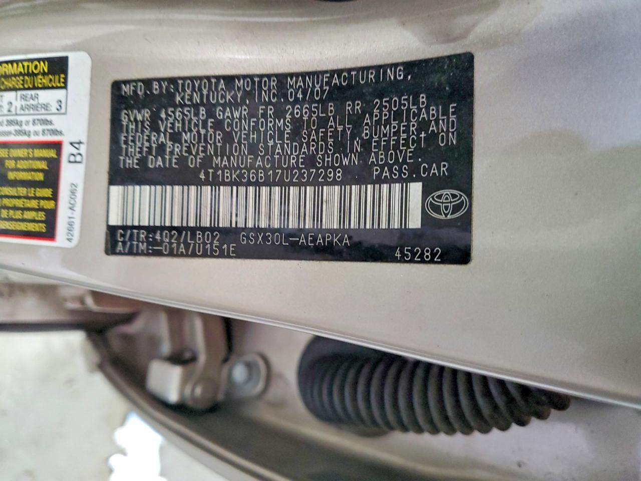 2007 Toyota Avalon Xl Gold vin: 4T1BK36B17U237298