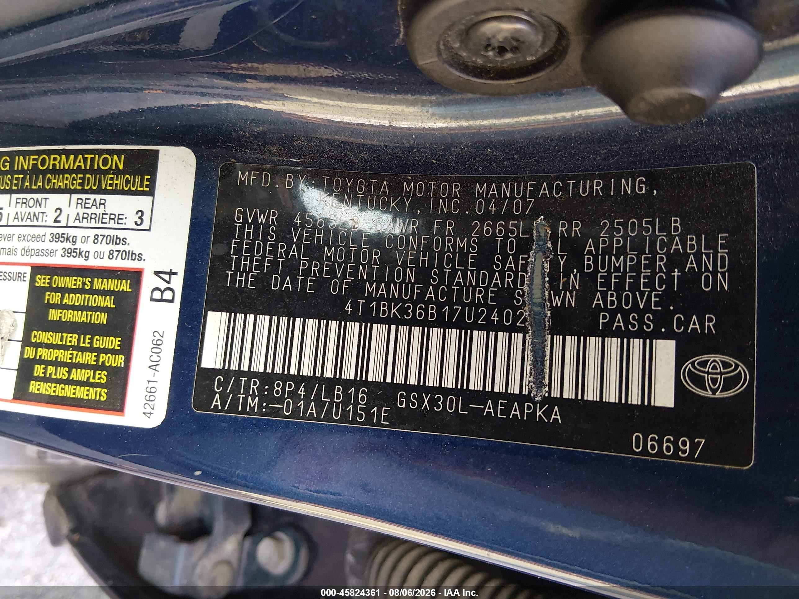 2007 Toyota Avalon Limited Dark Blue vin: 4T1BK36B17U240217