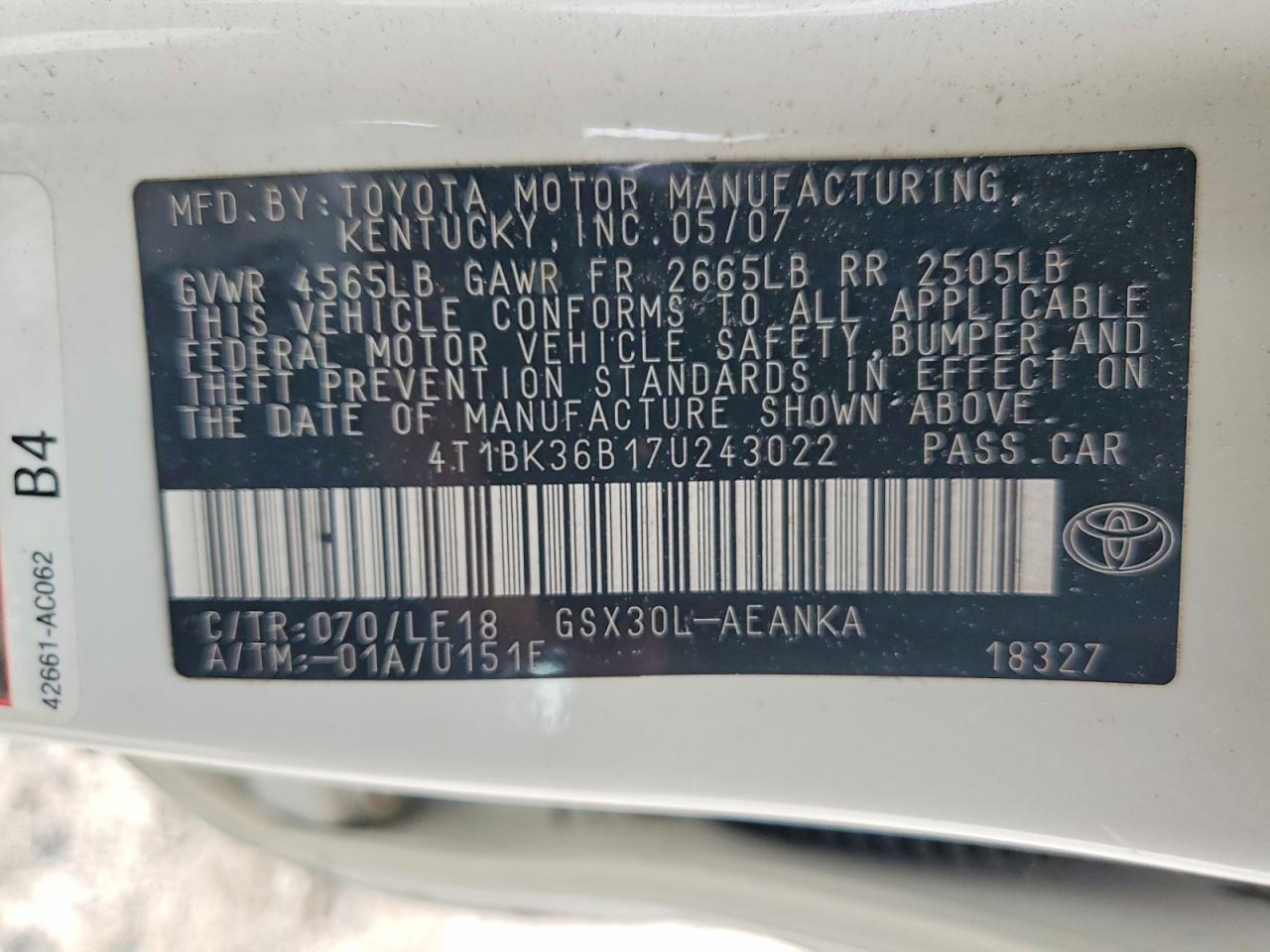 2007 Toyota Avalon Touring White vin: 4T1BK36B17U243022