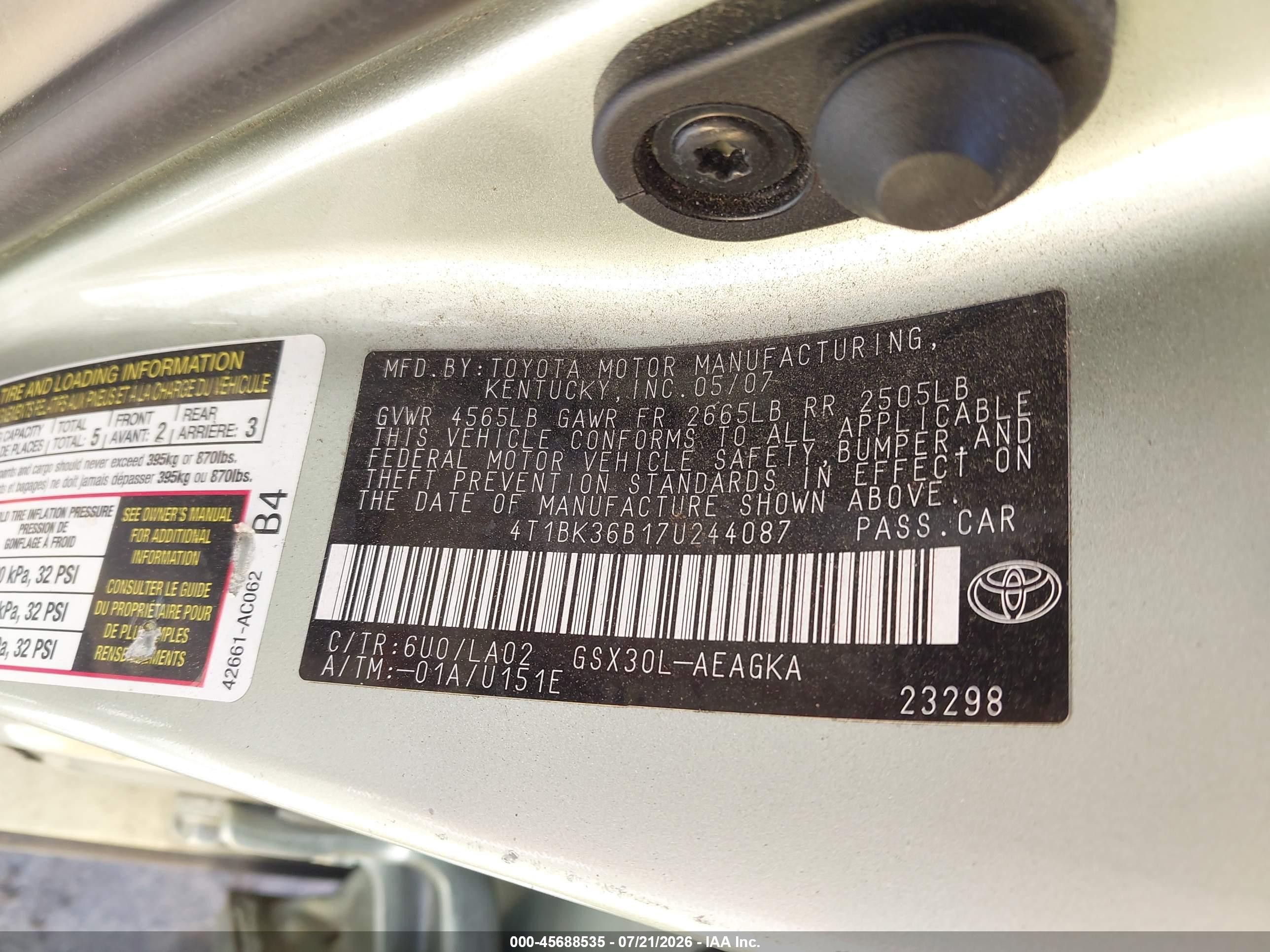 2007 Toyota Avalon Xls Green vin: 4T1BK36B17U244087