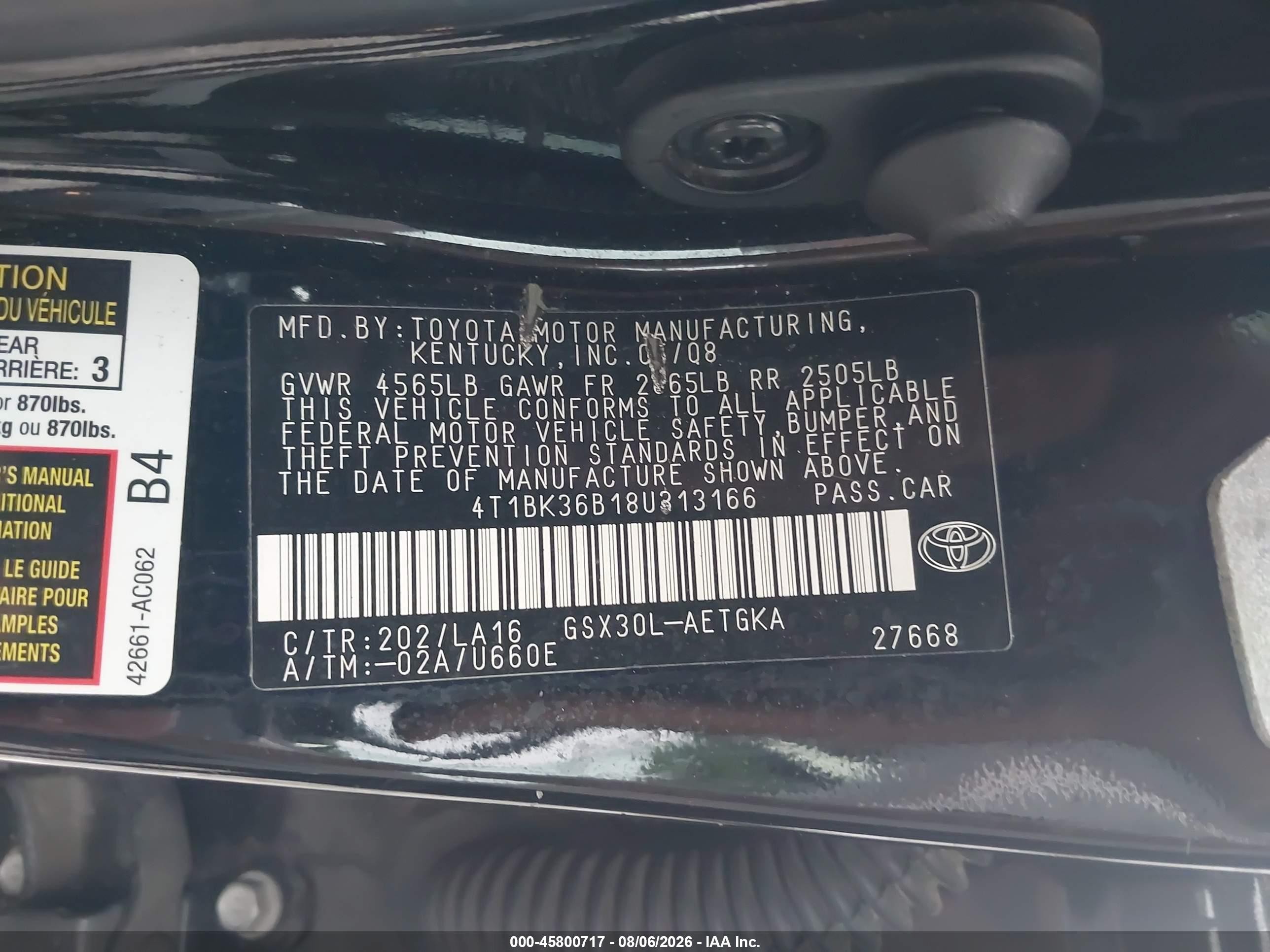 2008 Toyota Avalon Xls Черный vin: 4T1BK36B18U313166