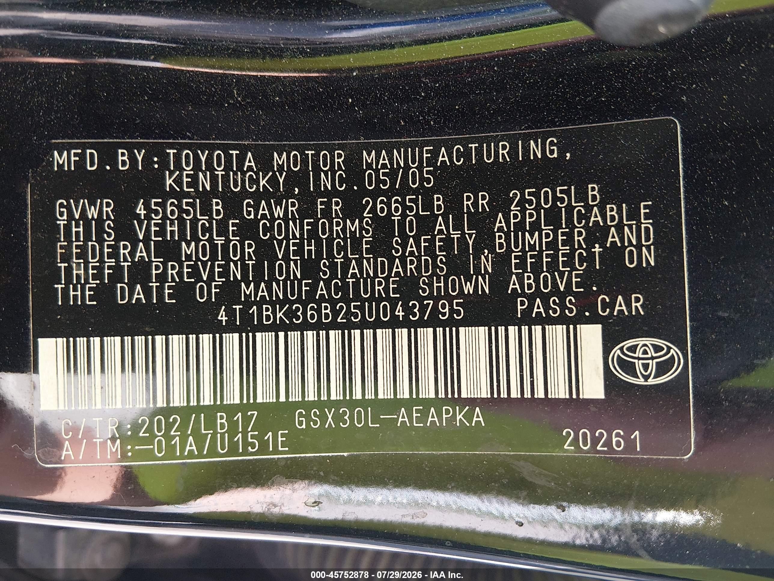 2005 Toyota Avalon Limited Black vin: 4T1BK36B25U043795