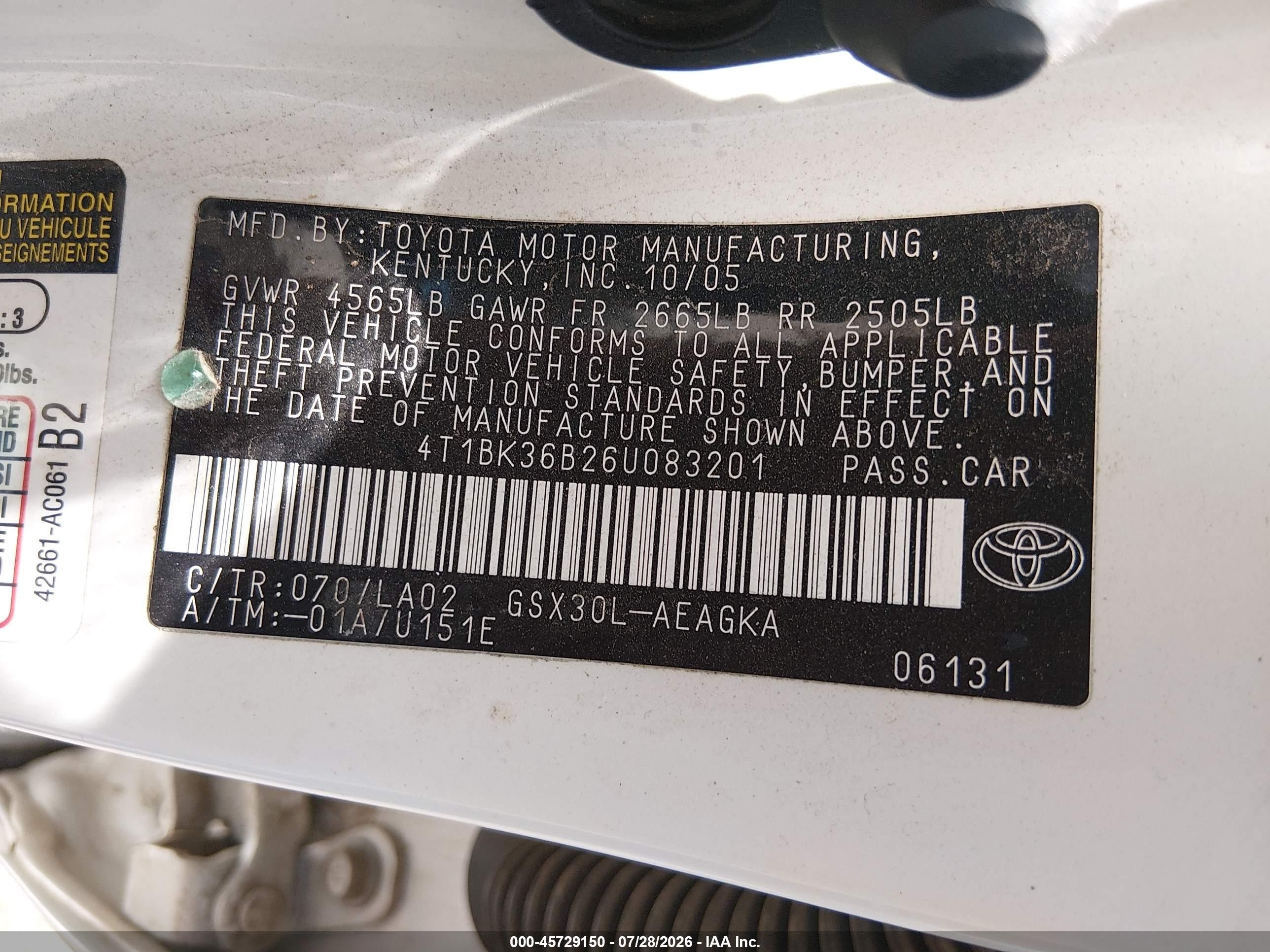 2006 Toyota Avalon Xls White vin: 4T1BK36B26U083201