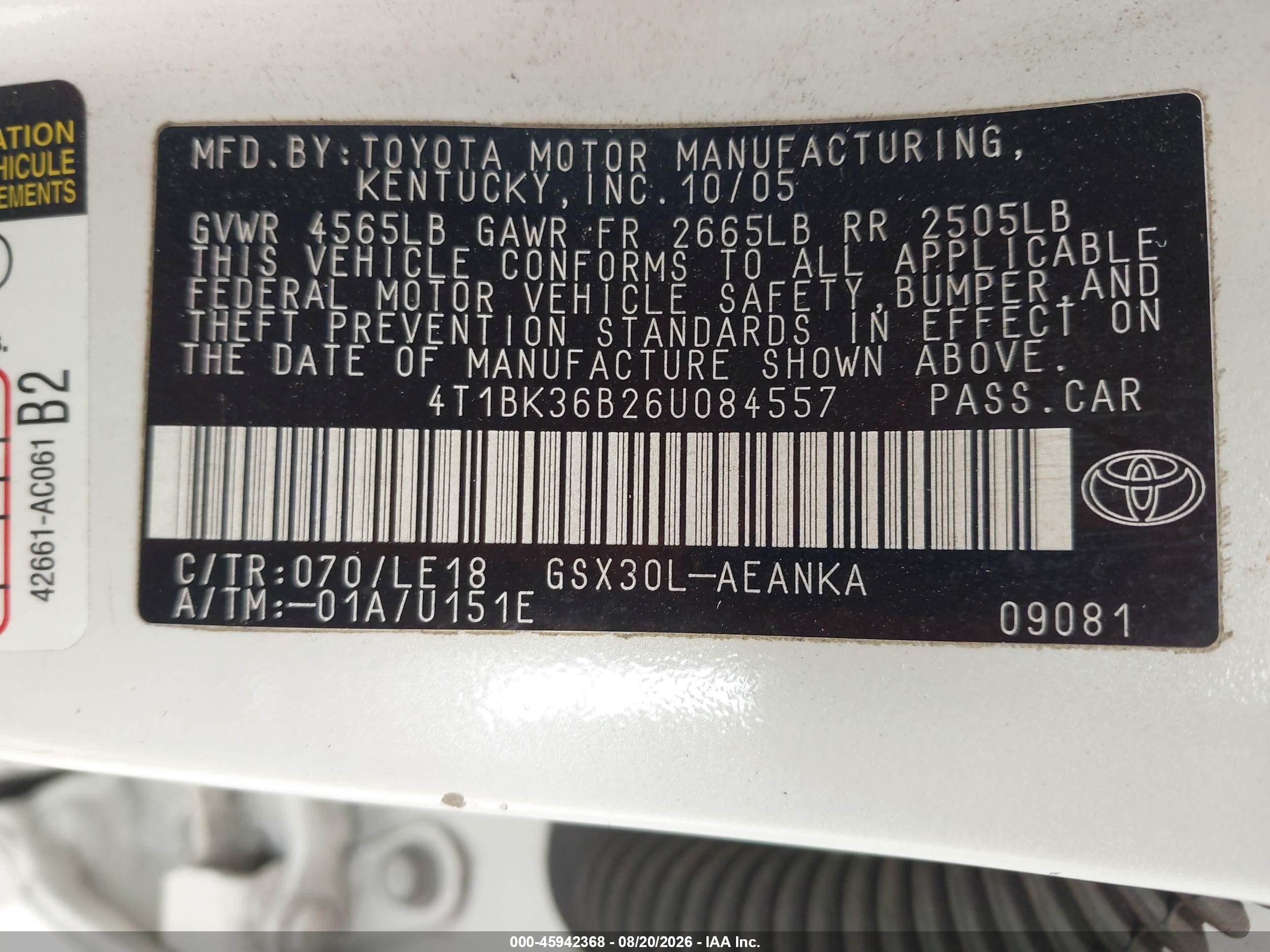 2006 Toyota Avalon Touring White vin: 4T1BK36B26U084557