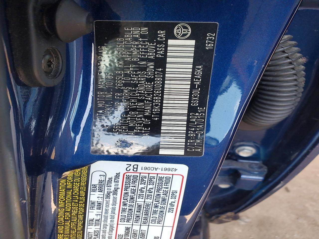2006 Toyota Avalon Xls Blue vin: 4T1BK36B26U088074
