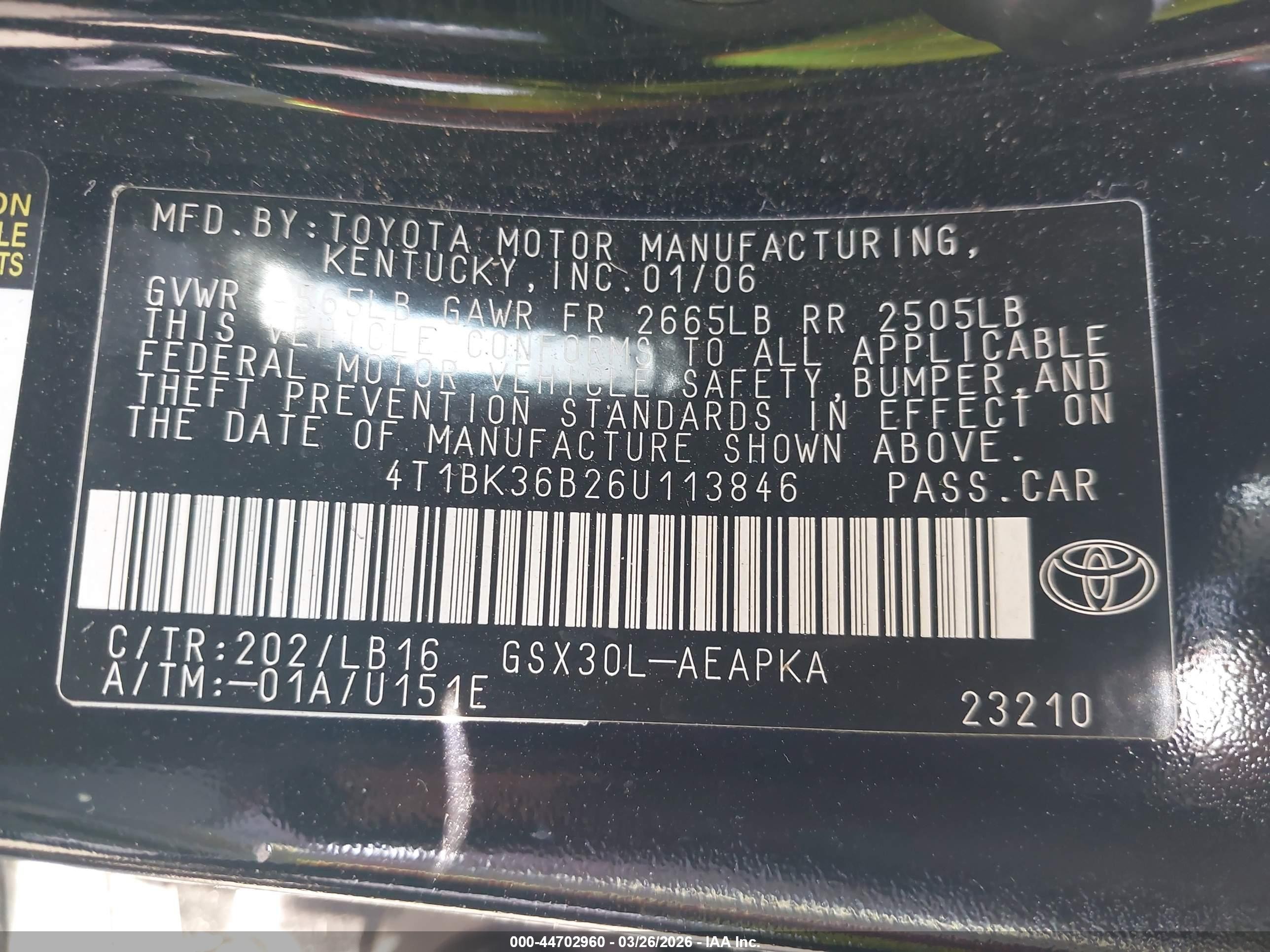 2006 Toyota Avalon Limited Black vin: 4T1BK36B26U113846