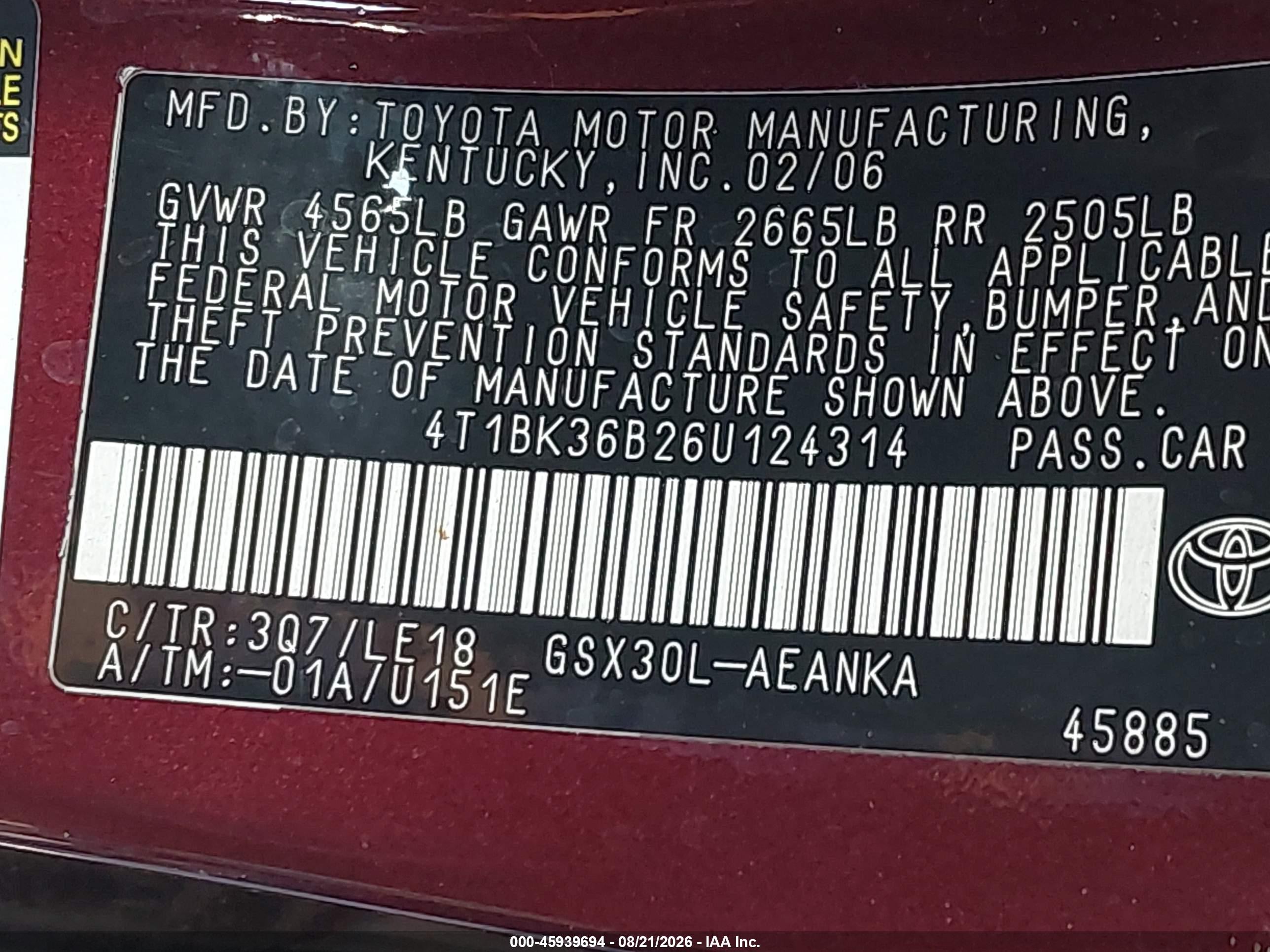 2006 Toyota Avalon Touring Burgundy vin: 4T1BK36B26U124314