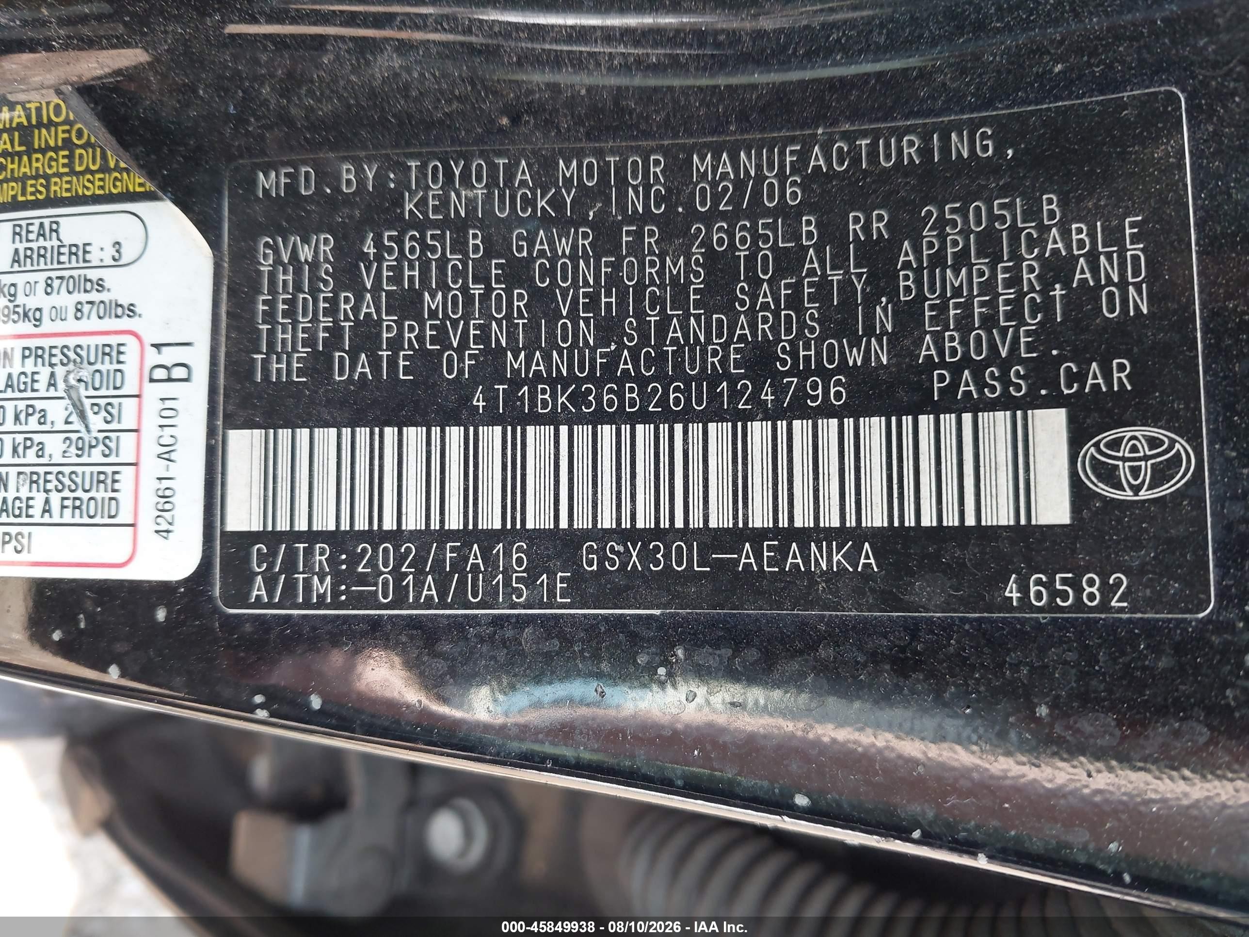 2006 Toyota Avalon Xl Black vin: 4T1BK36B26U124796