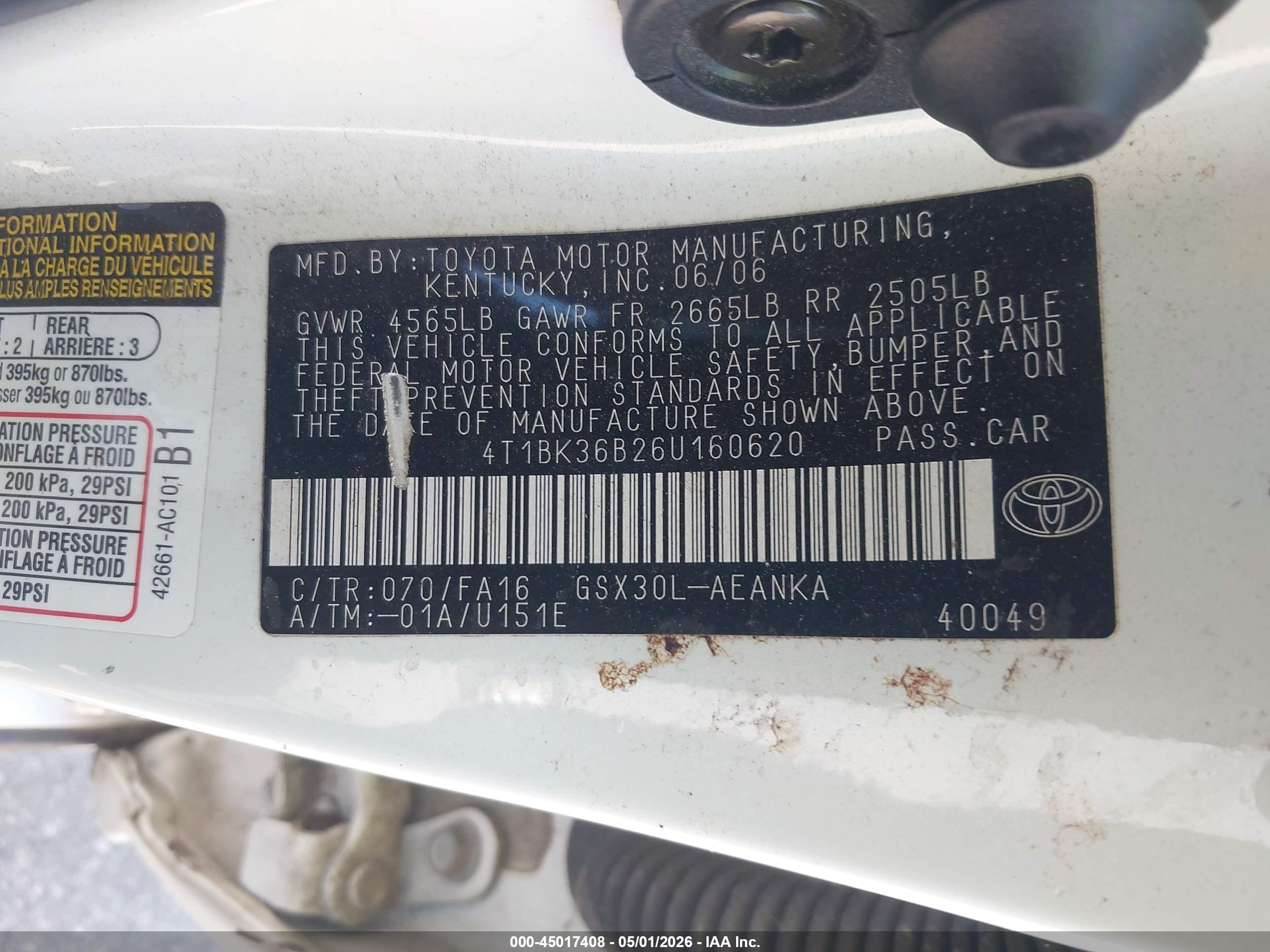 2006 Toyota Avalon Xl White vin: 4T1BK36B26U160620