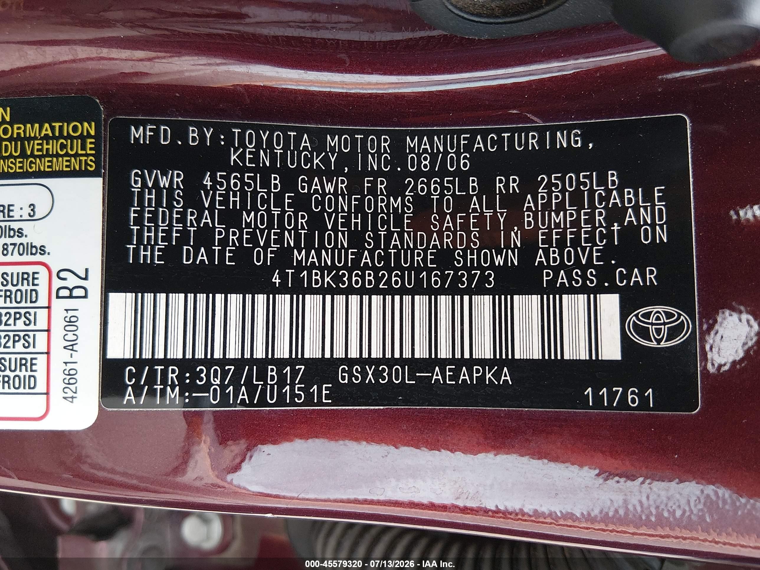 2006 Toyota Avalon Limited Burgundy vin: 4T1BK36B26U167373