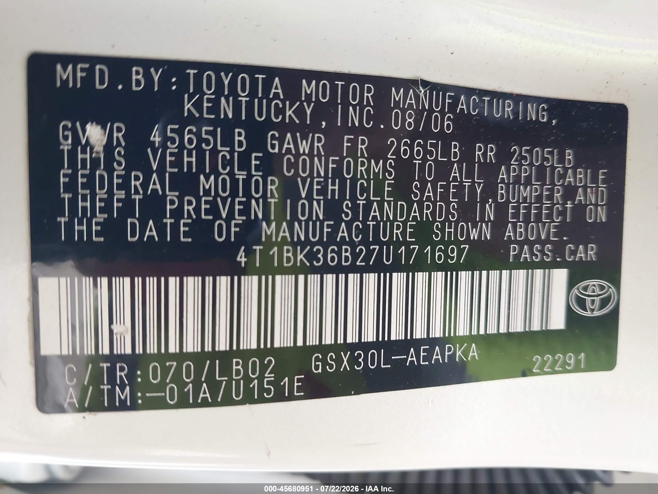 2007 Toyota Avalon Limited White vin: 4T1BK36B27U171697