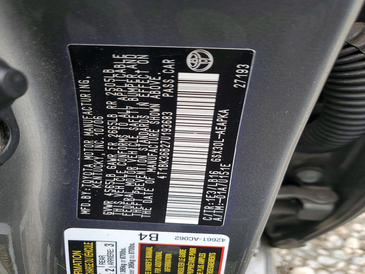 2007 Toyota Avalon Limited Gray vin: 4T1BK36B27U193683