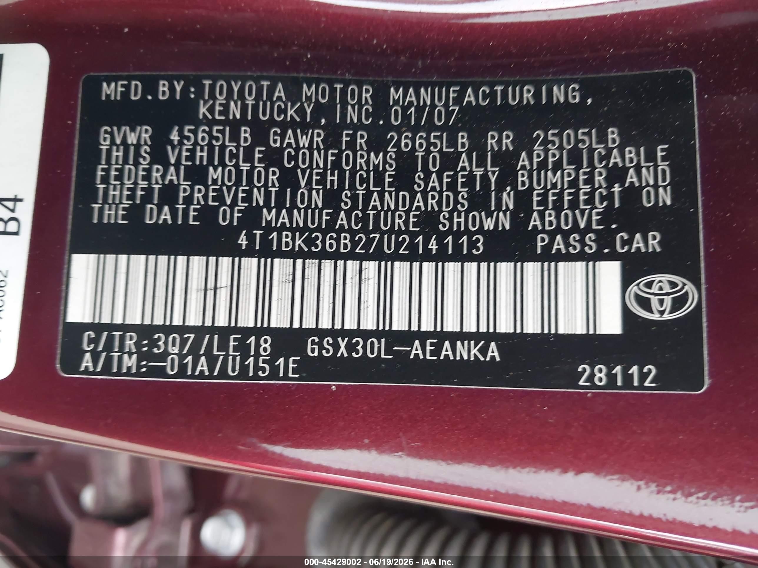 2007 Toyota Avalon Touring Maroon vin: 4T1BK36B27U214113