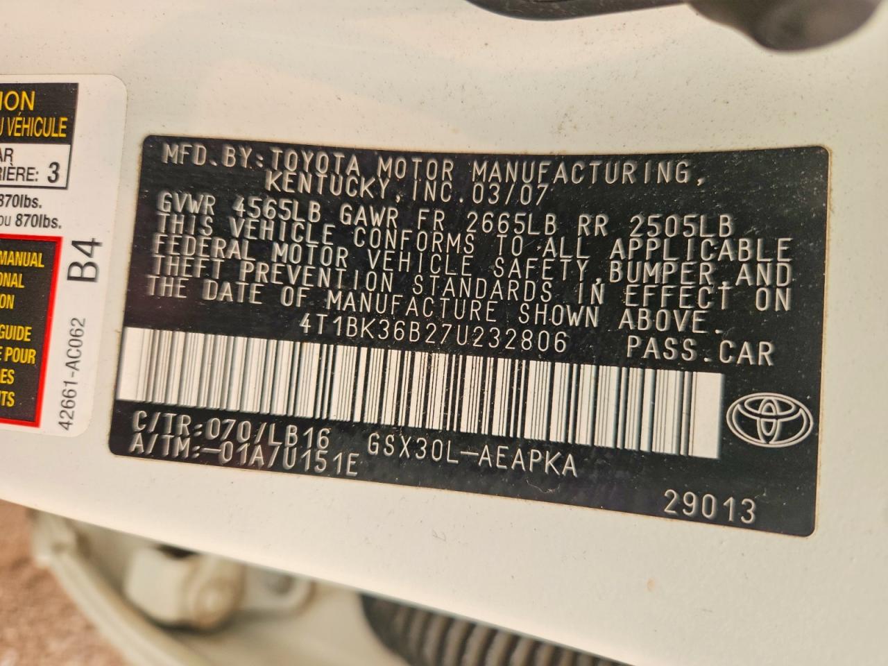 2007 Toyota Avalon Limited White vin: 4T1BK36B27U232806