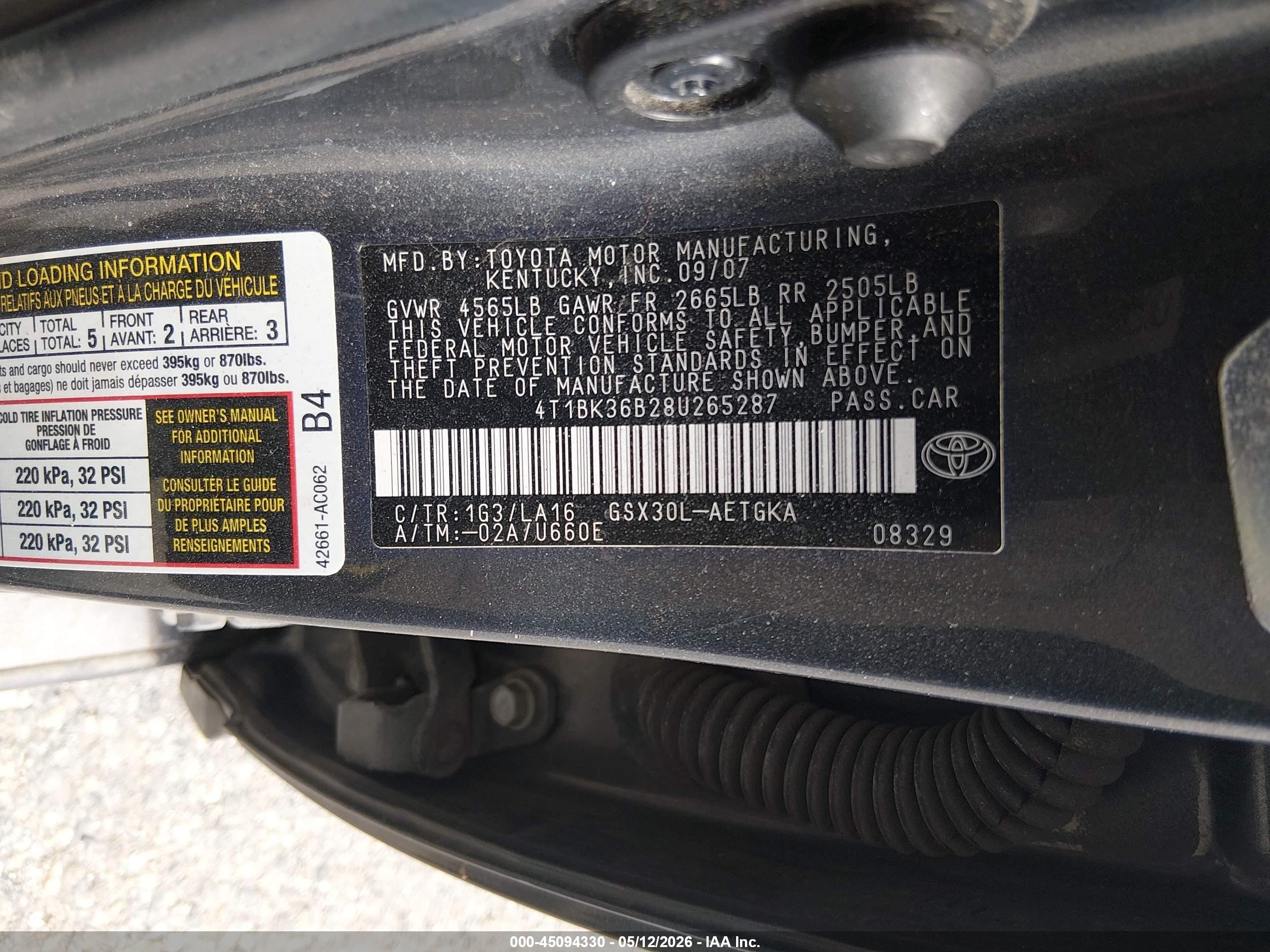 2008 Toyota Avalon Xls Серый vin: 4T1BK36B28U265287