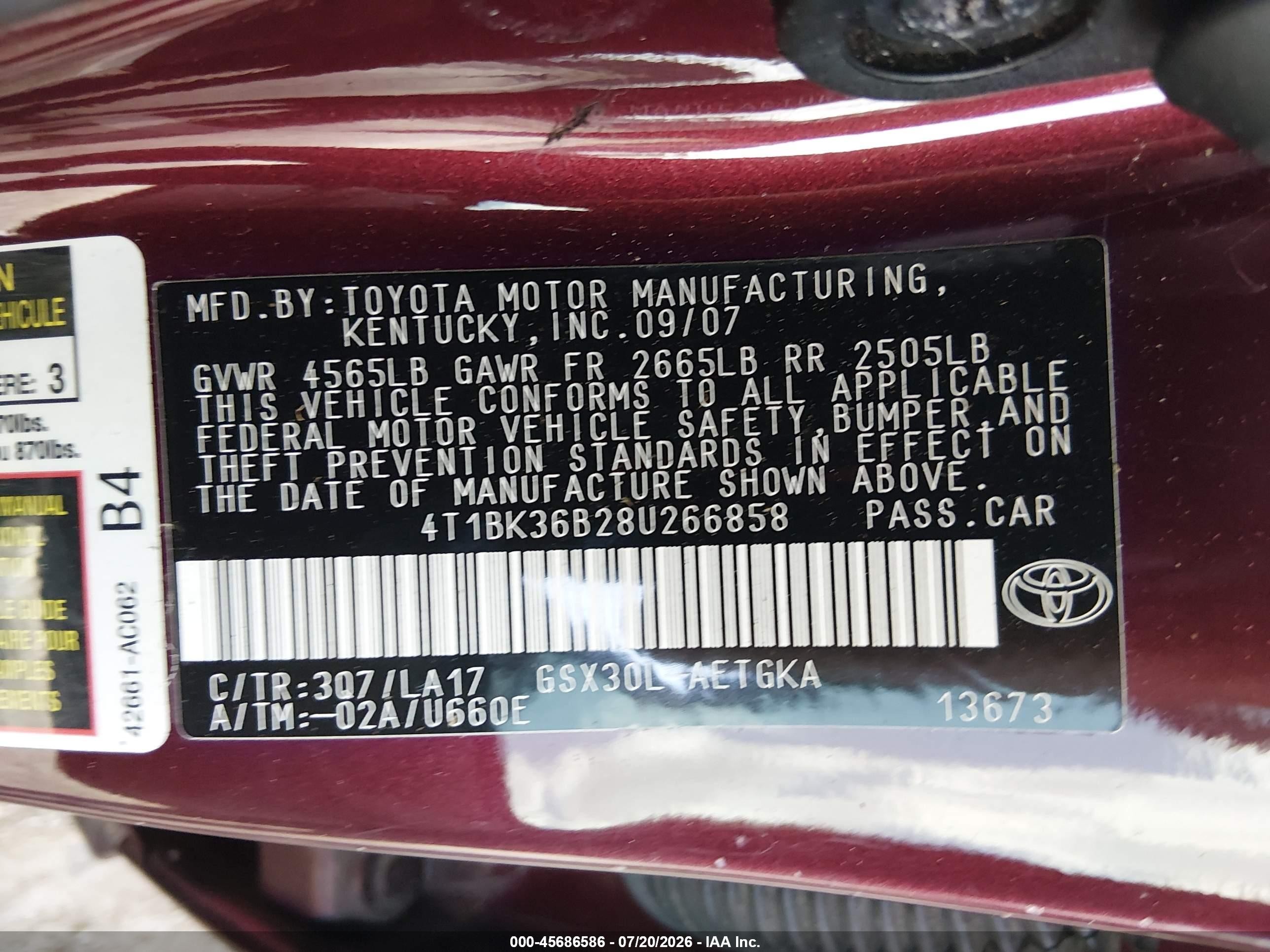 2008 Toyota Avalon Xls Burgundy vin: 4T1BK36B28U266858